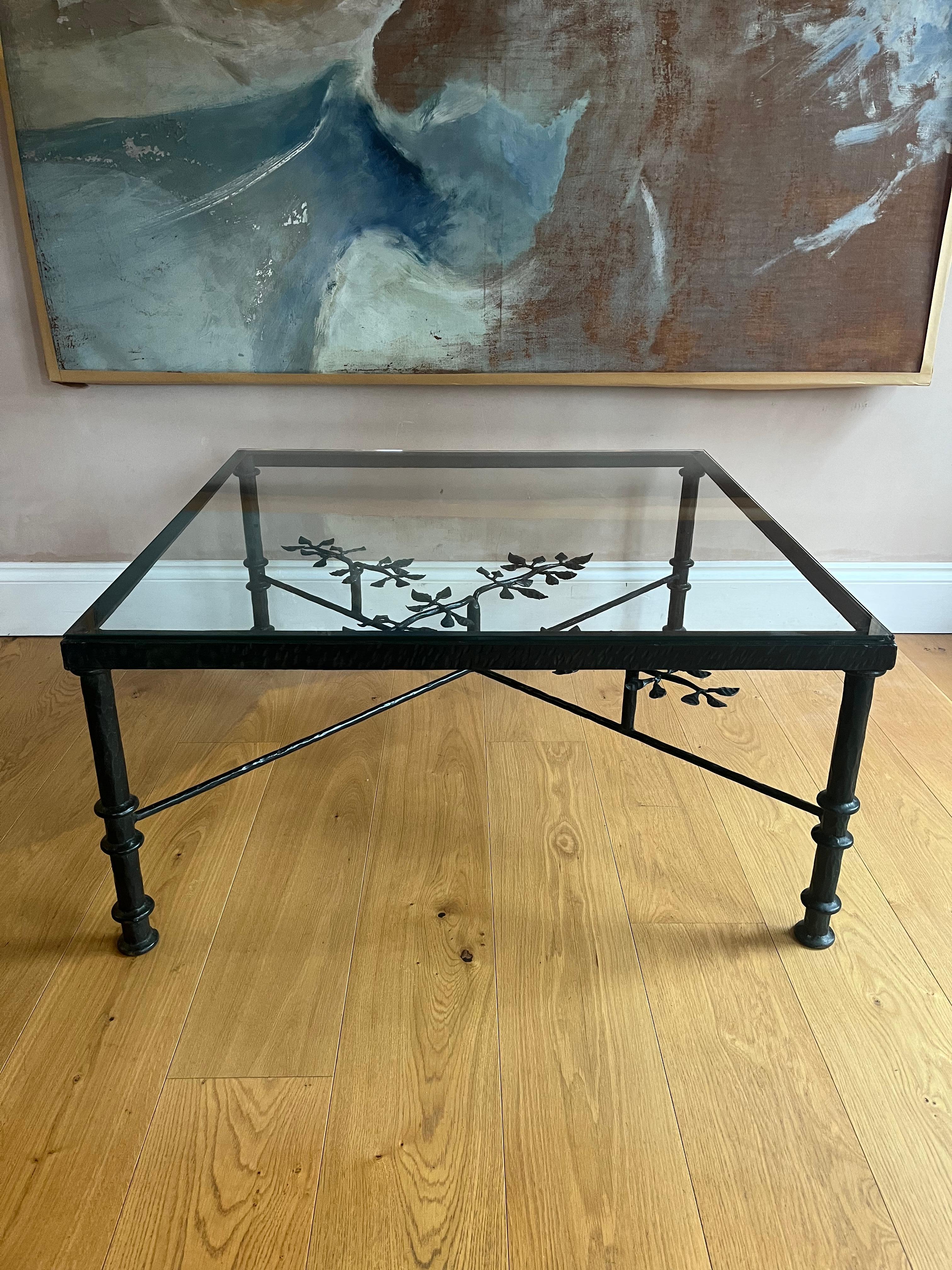 Glass French patinated bronze and glass coffee table For Sale