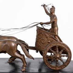 French Patinated Bronze and Slate Chariot Clock