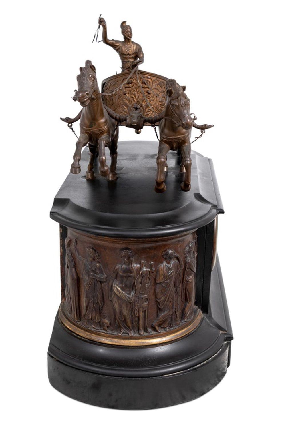 Français Horloge Chariot en bronze patiné et ardoise en vente