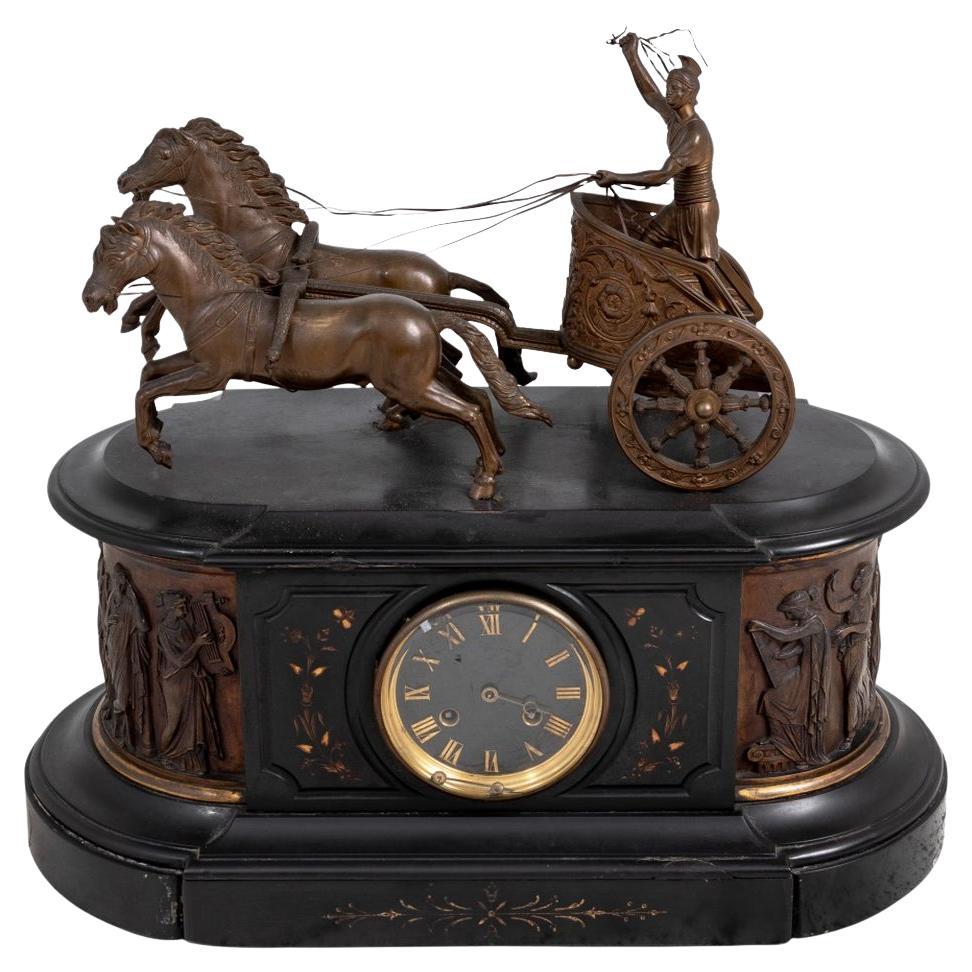 Horloge Chariot en bronze patiné et ardoise en vente