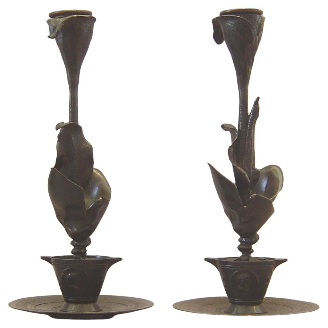 French patinated bronze candlesticks in the form of a lily in a pot For Sale