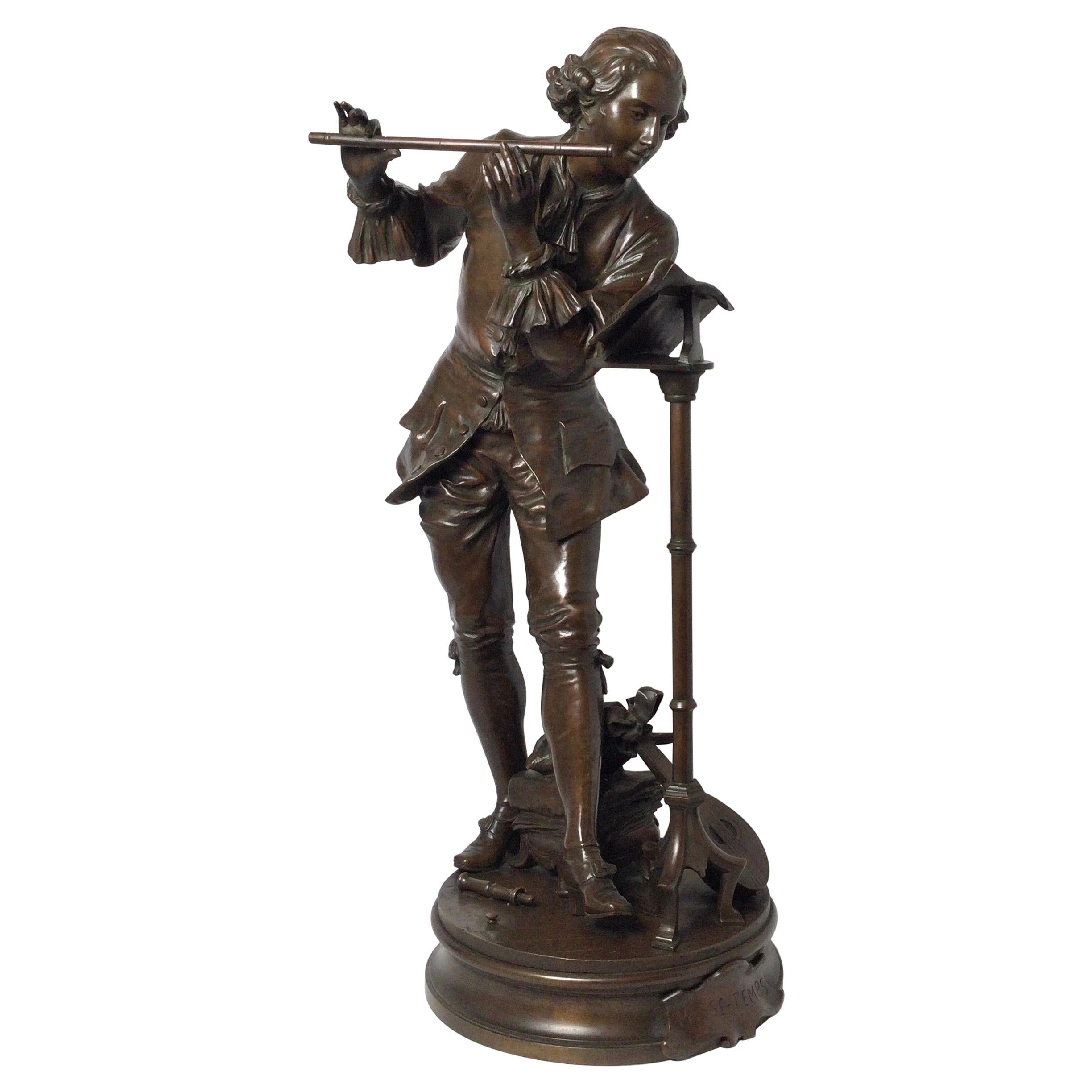 French Patinated Bronze Figure of a Flute Player, Signed Adrienne Gaudez, 1880s For Sale