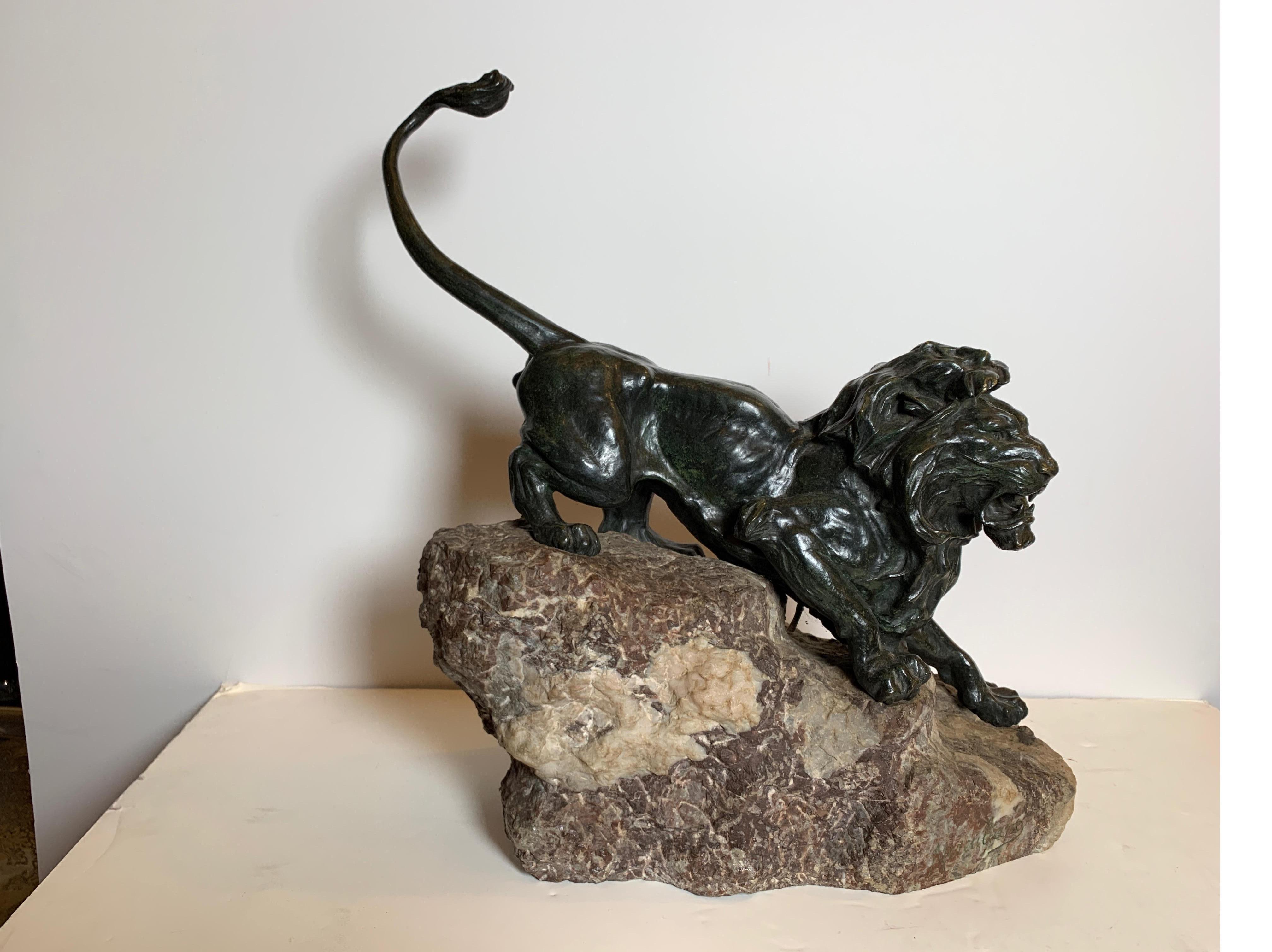 French Patinated Bronze Figure of a Lion on Rock Base 5
