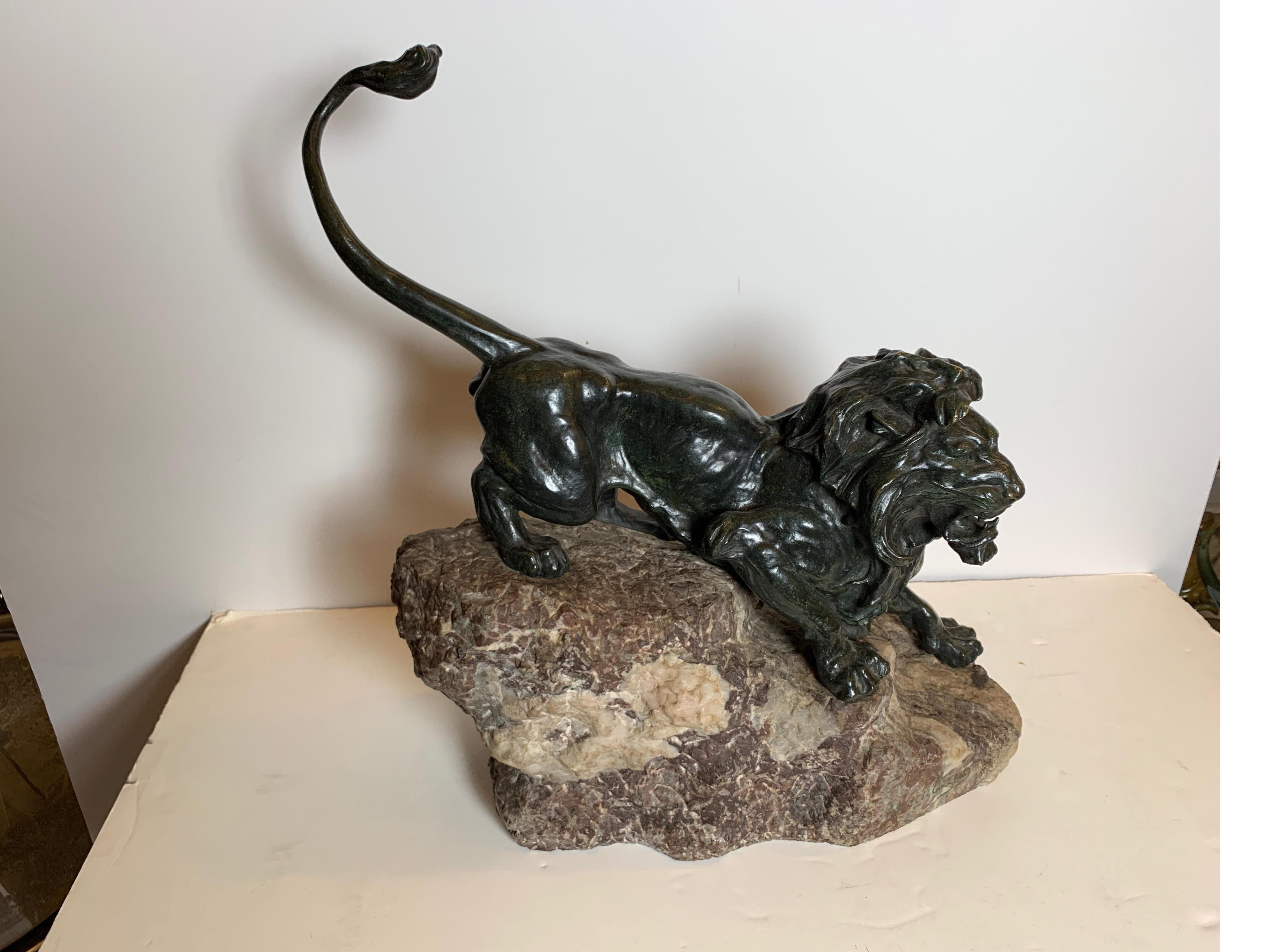 French Patinated Bronze Figure of a Lion on Rock Base 6