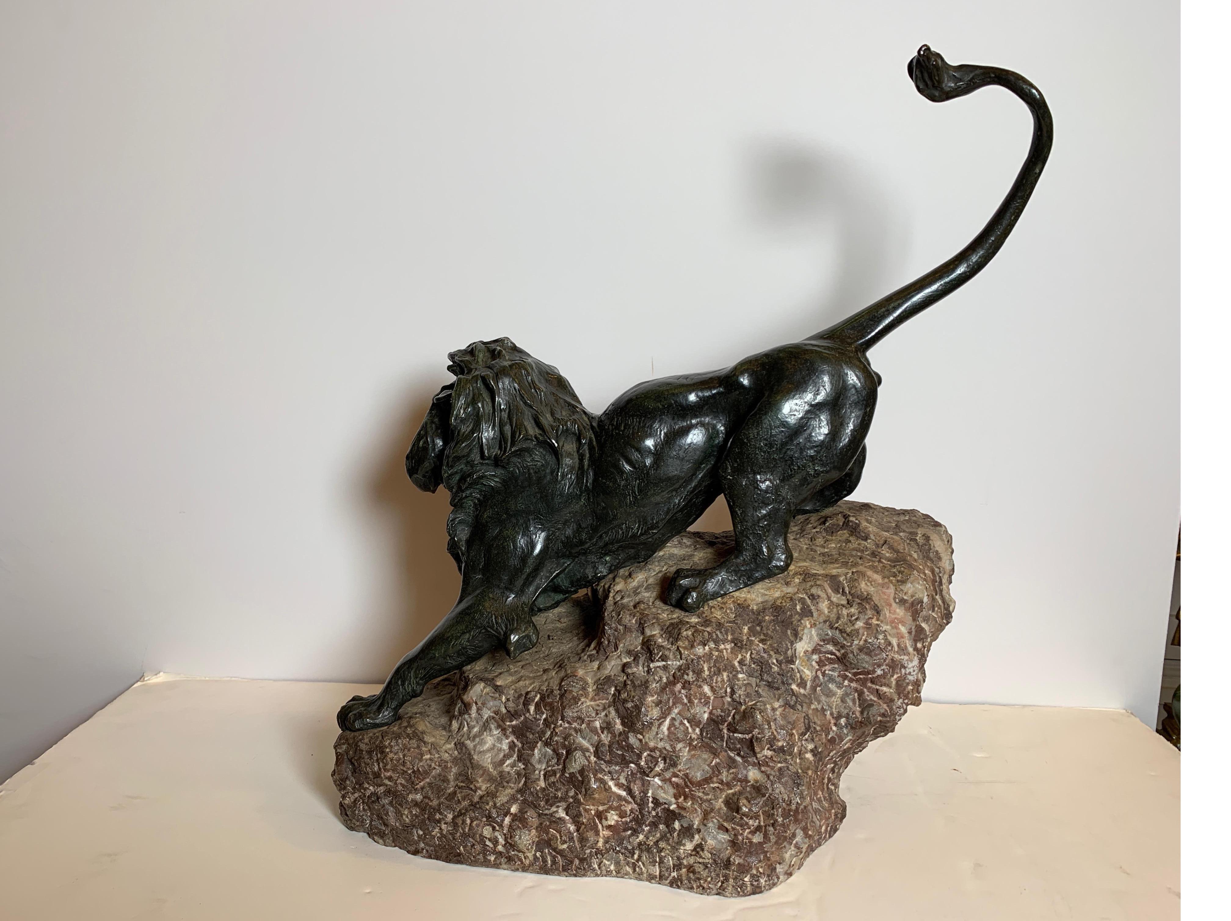 French Patinated Bronze Figure of a Lion on Rock Base 8