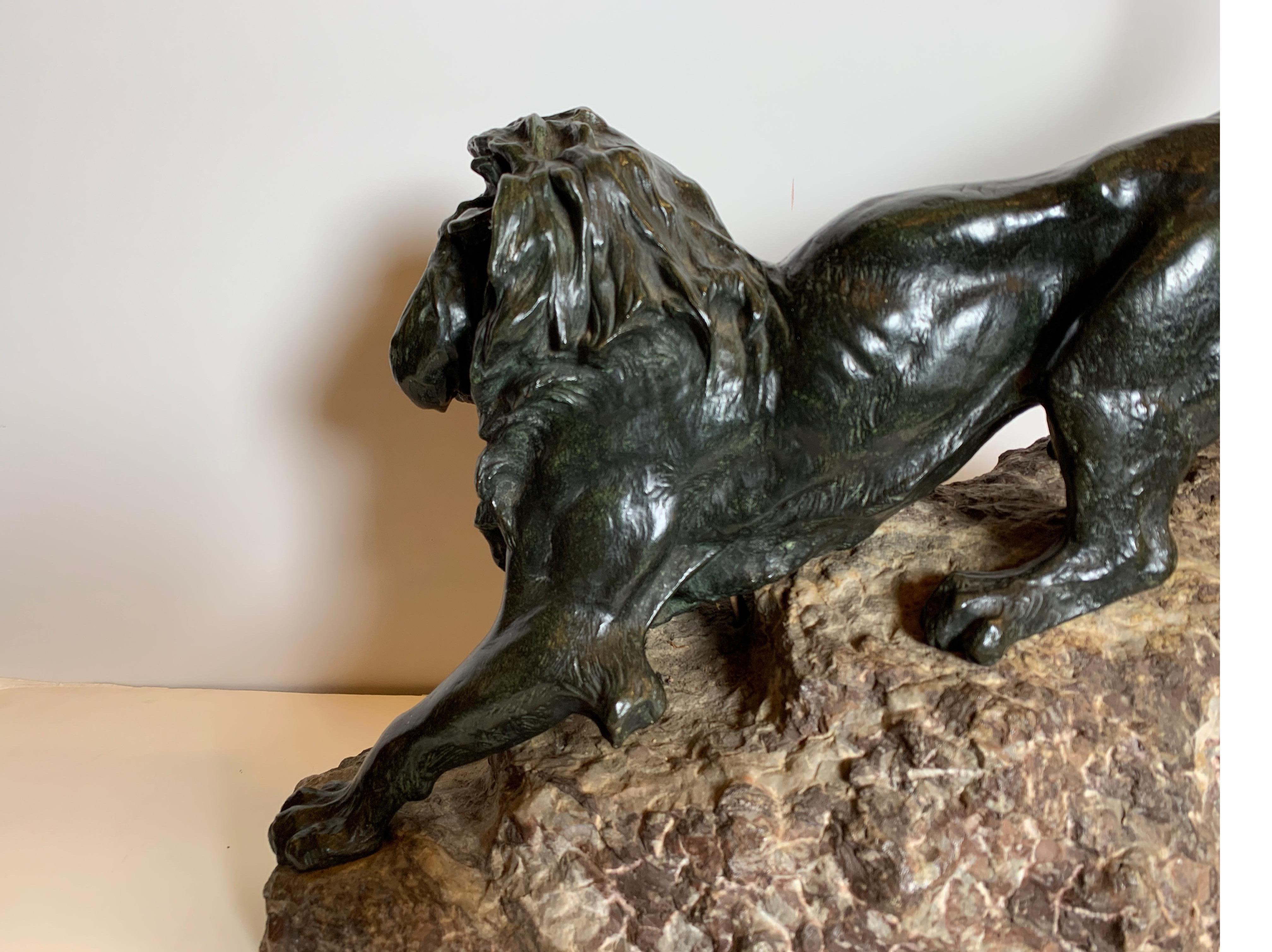 French Patinated Bronze Figure of a Lion on Rock Base 2
