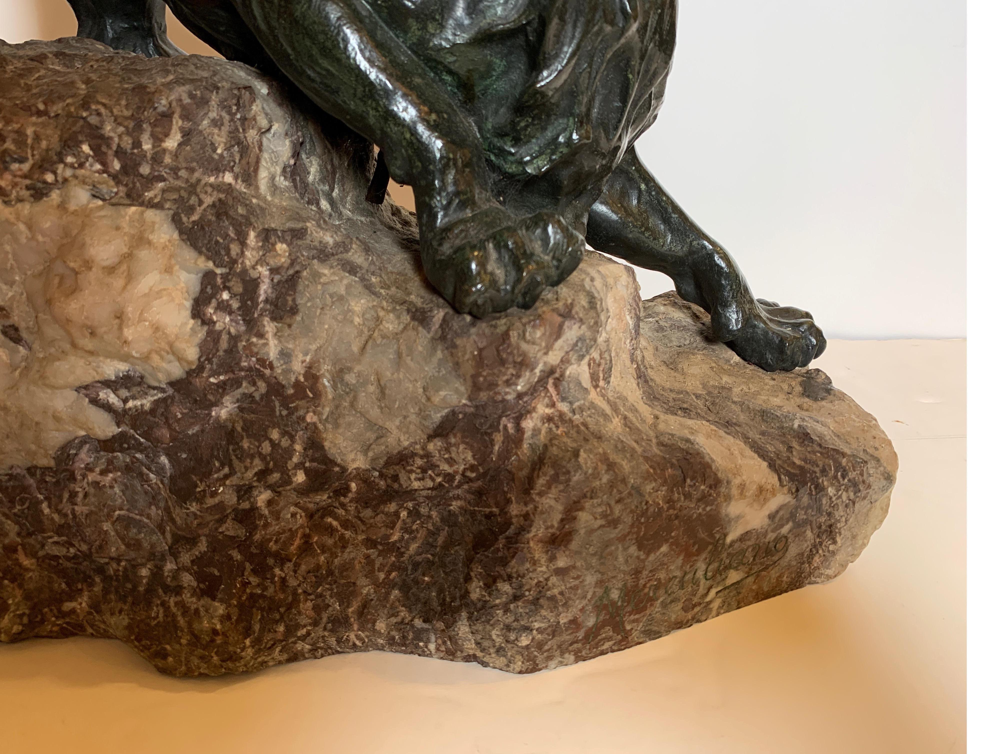 French Patinated Bronze Figure of a Lion on Rock Base 3