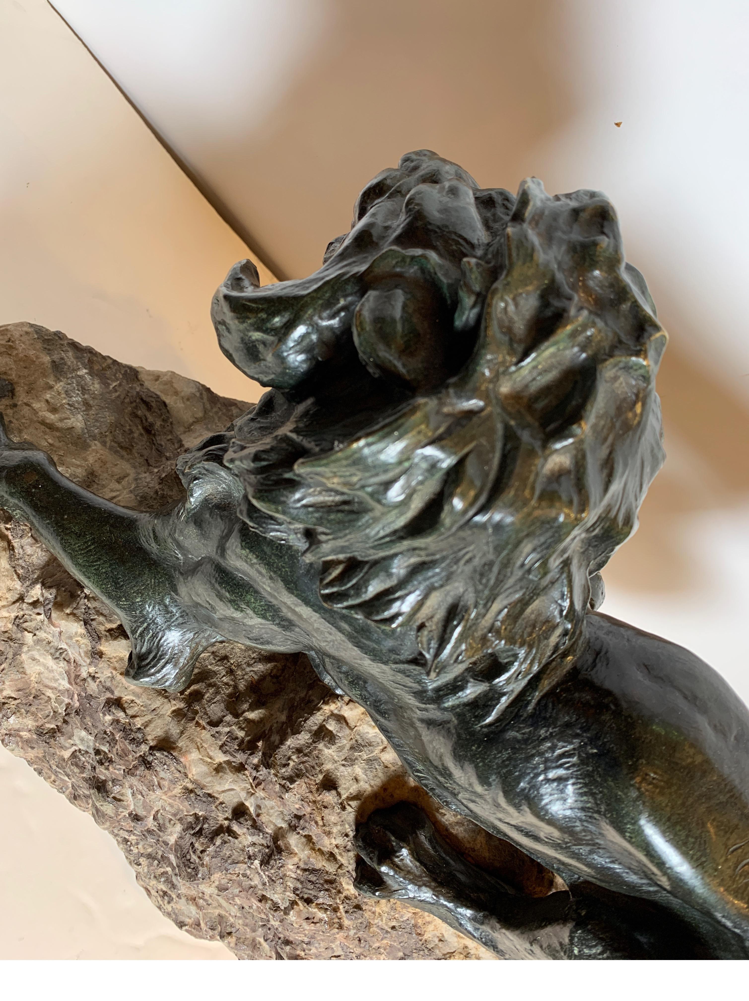 French Patinated Bronze Figure of a Lion on Rock Base 4