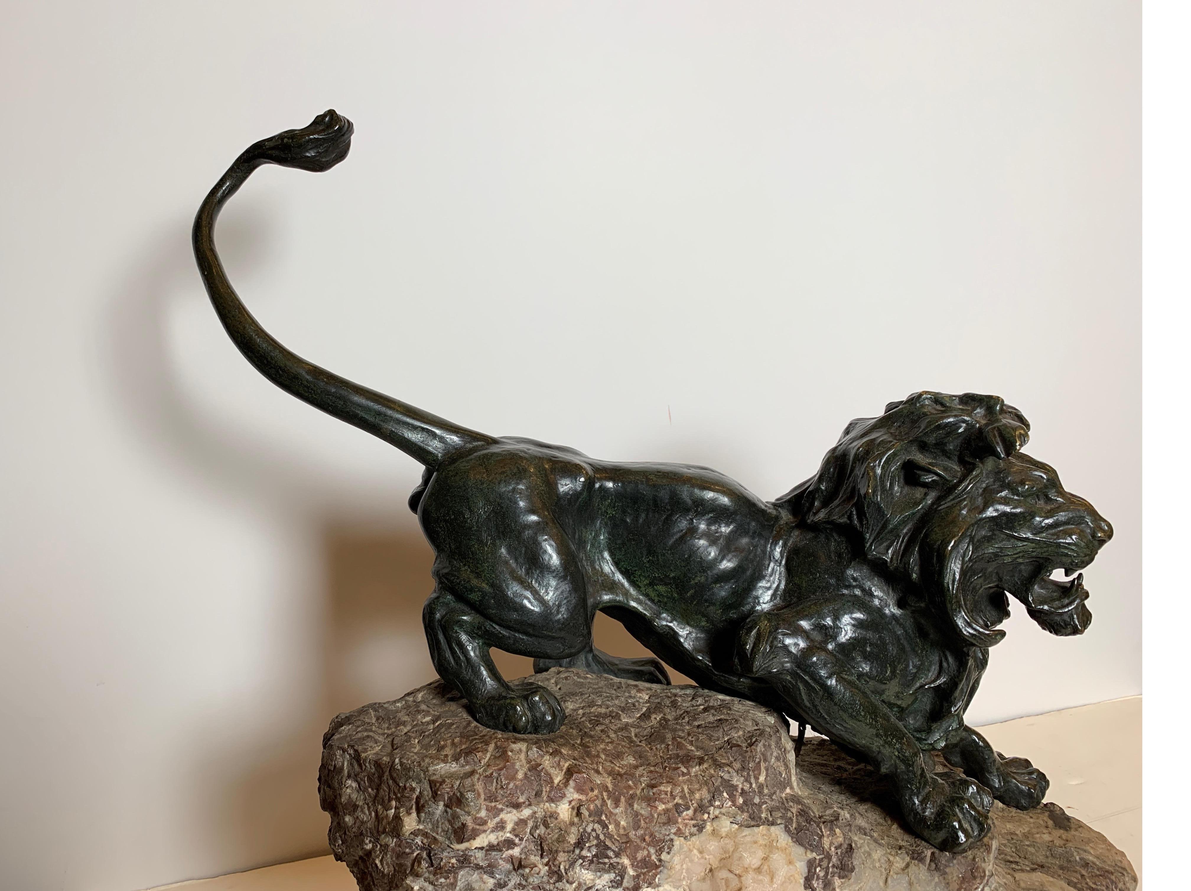 French Patinated Bronze Figure of a Lion on Rock Base 4