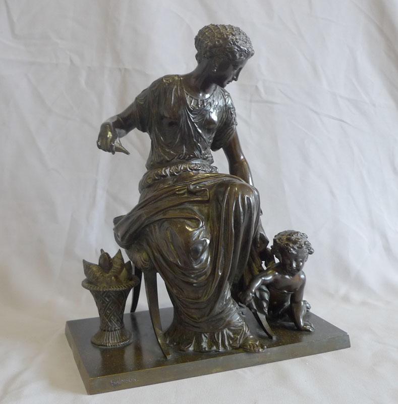 French patinated bronze group of woman and cupid by Jean Jules Salmson For Sale 1