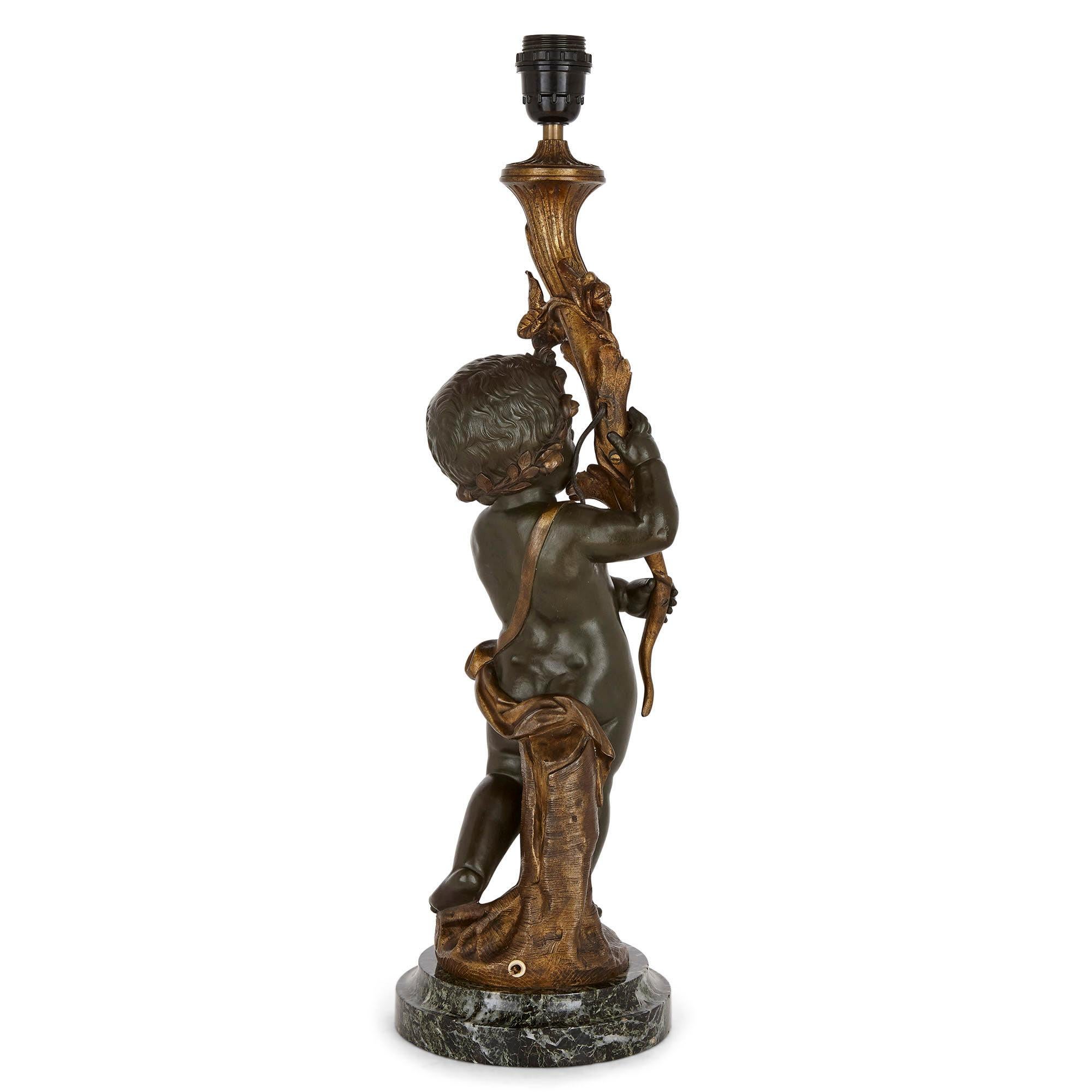 Belle Époque French Patinated Bronze Lamp Modelled as a Putto For Sale