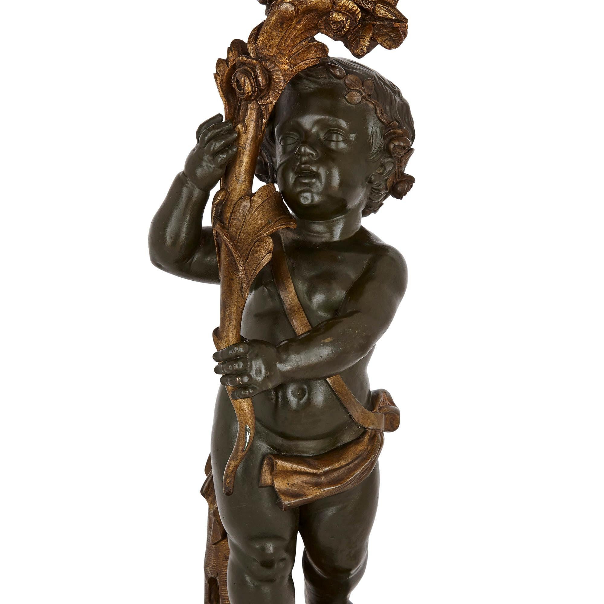 French Patinated Bronze Lamp Modelled as a Putto In Good Condition For Sale In London, GB
