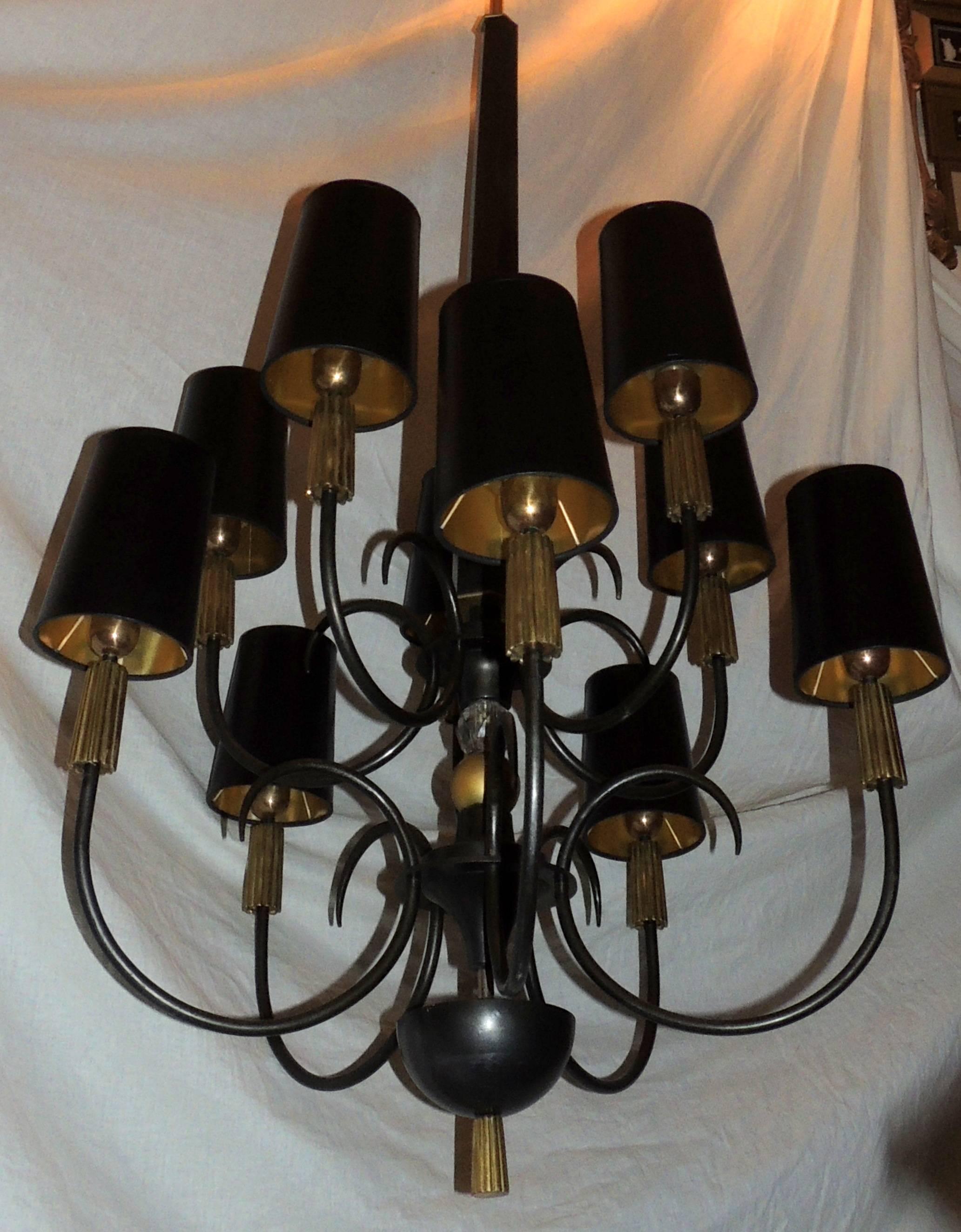 French Patinated Gold Gilt Regency Empire Bronze Iron Crystal Ten-Arm Chandelier For Sale 3