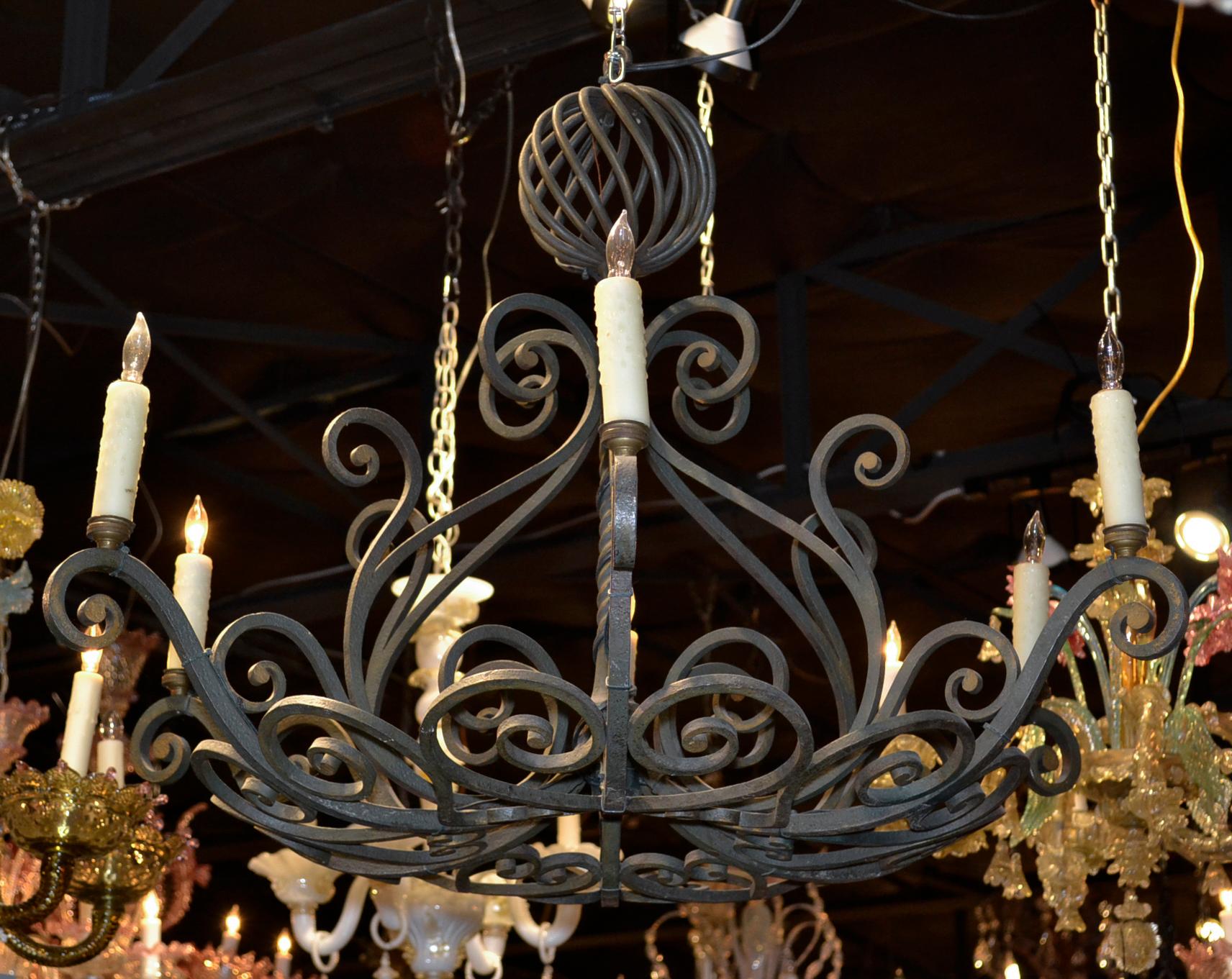 French Patinated Iron Chandelier In Good Condition In Dallas, TX