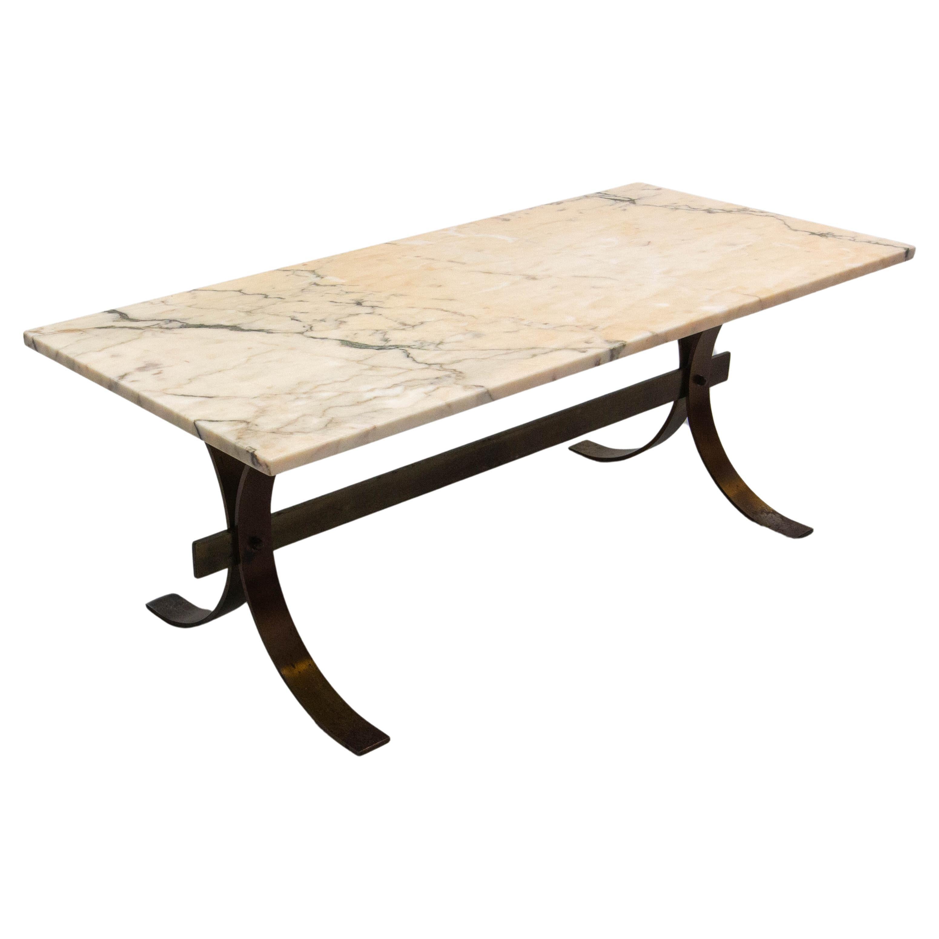 French Patinated Iron & Marble Top Coffee Table, circa 1970