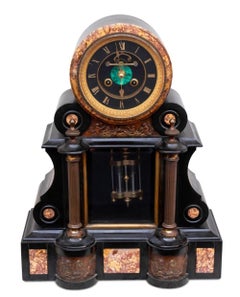 French Patinated Marble and Slate Mantel Clock