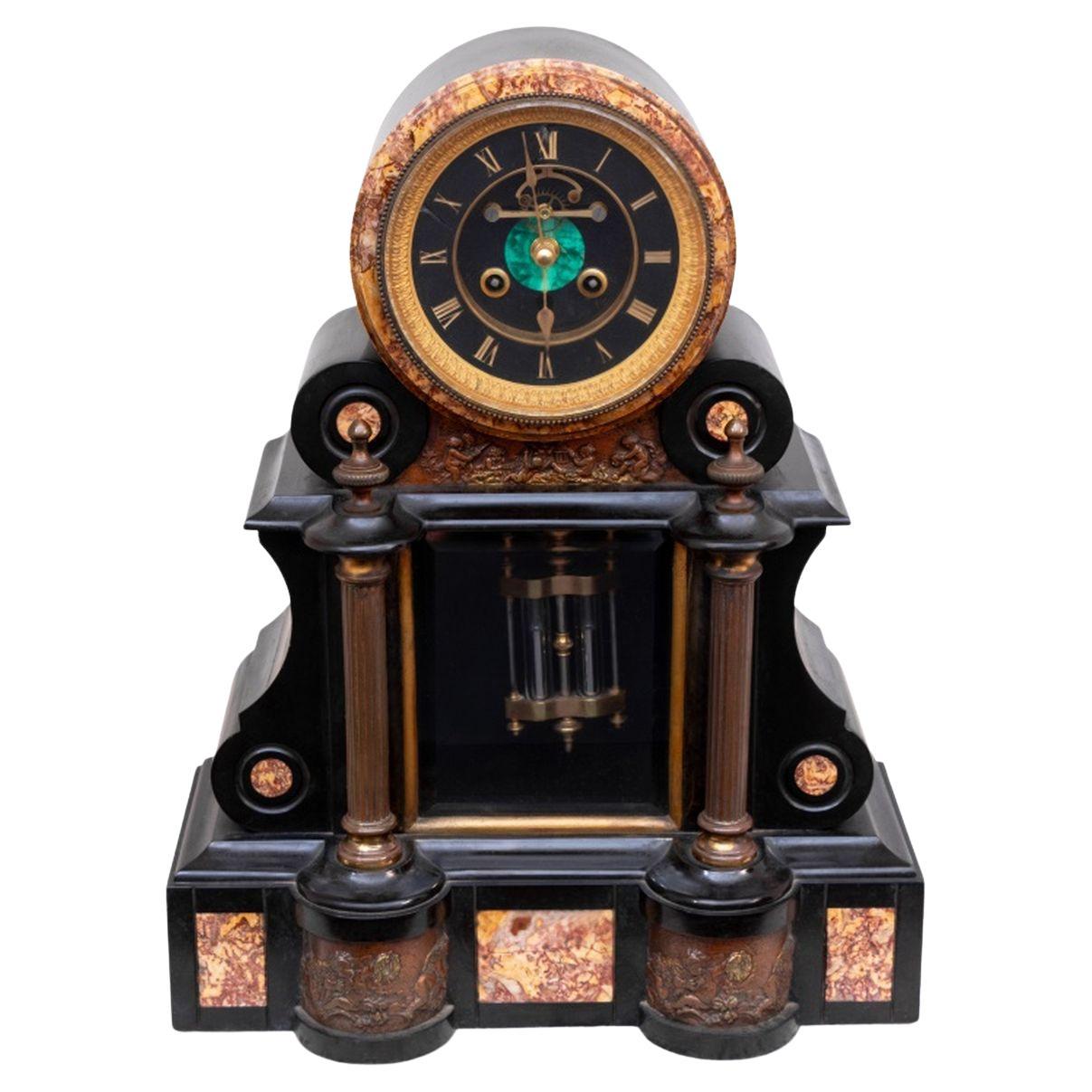 French Patinated Marble and Slate Mantel Clock