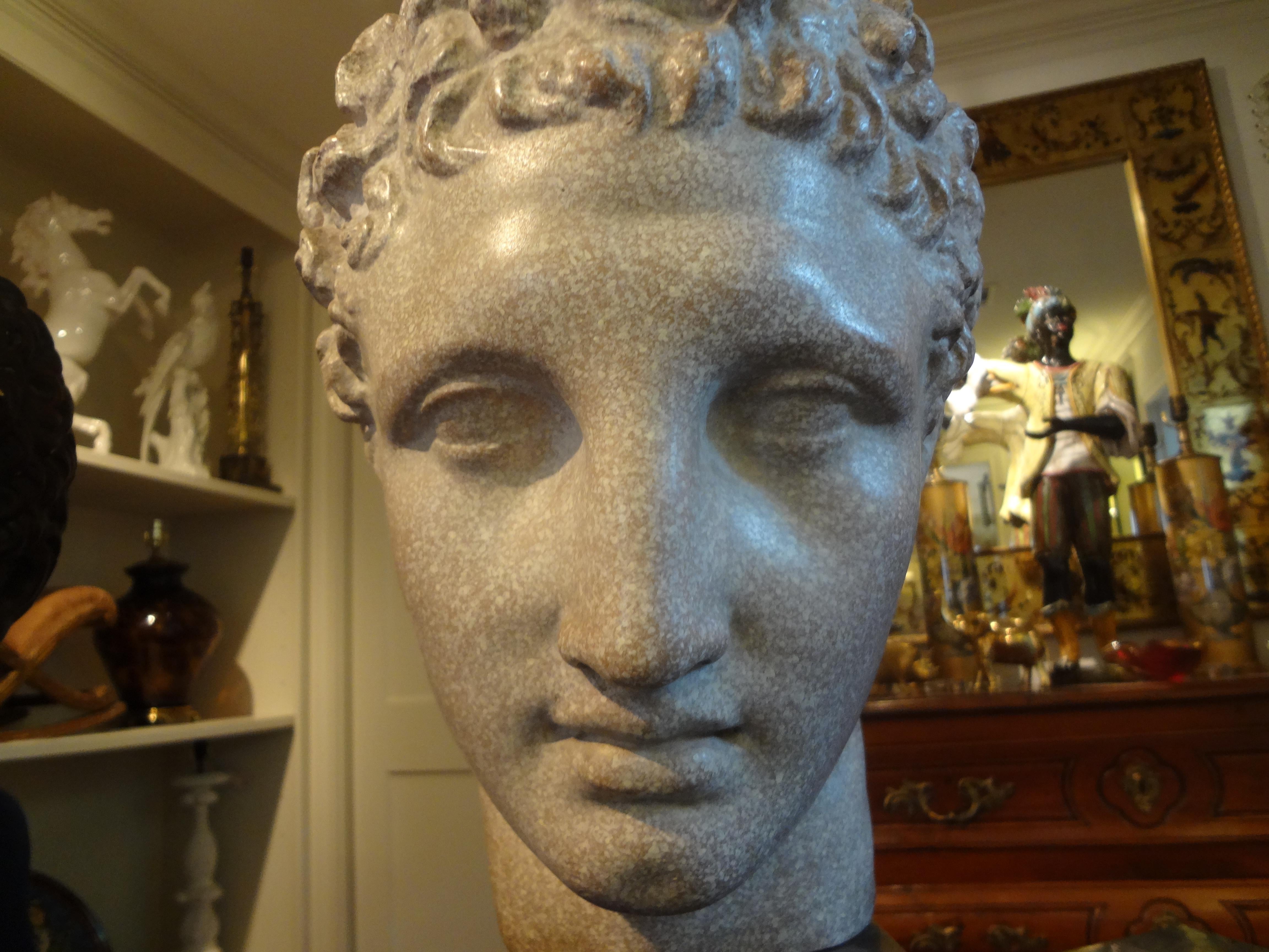 Large vintage French patinated plaster bust sculpture of Hermes on a wood base. This well executed classical Greek style bust has the most handsome face and dates to the 1930s.