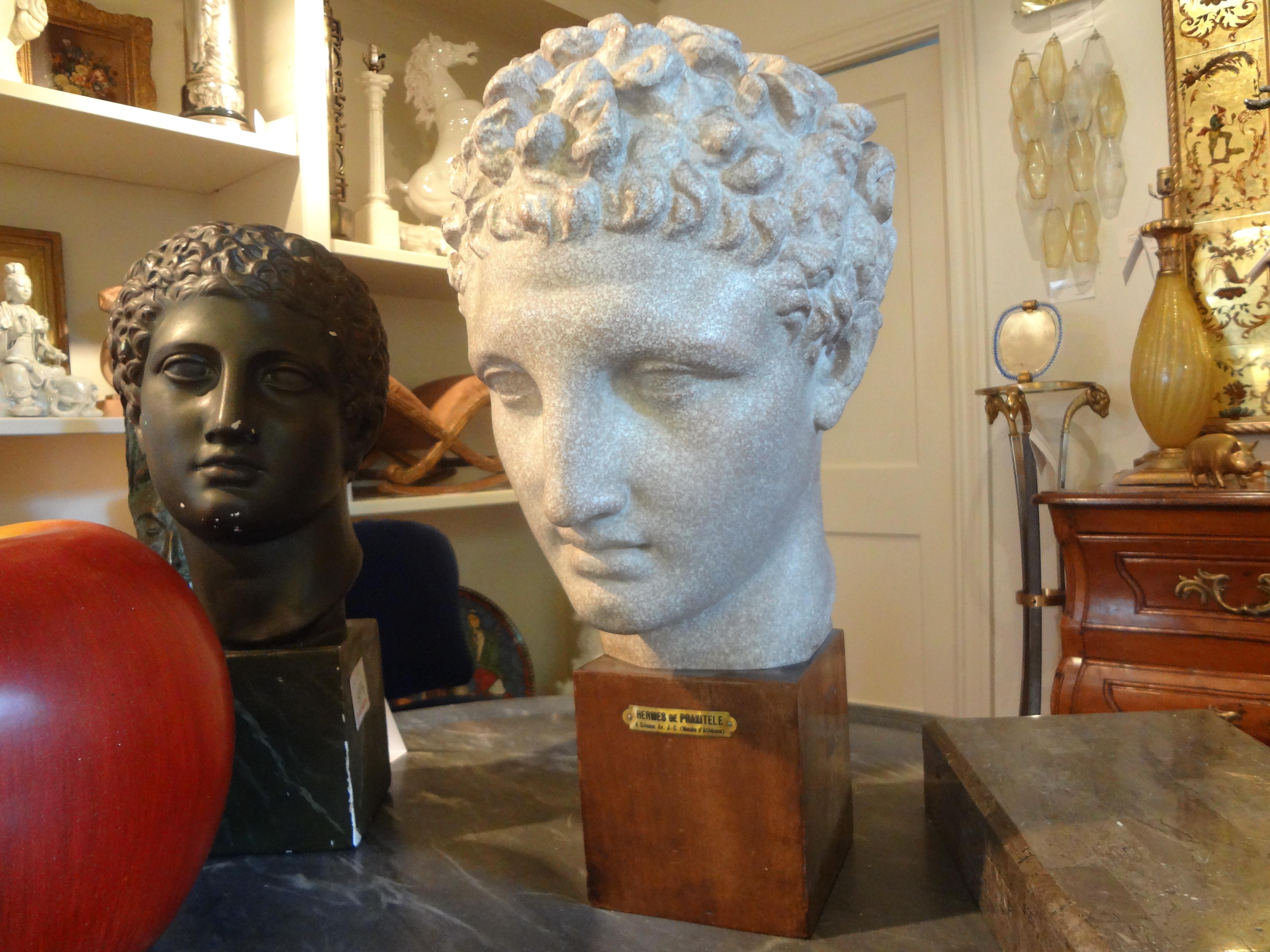 Classical Greek French Patinated Plaster Bust Sculpture of Hermes on Wood Base