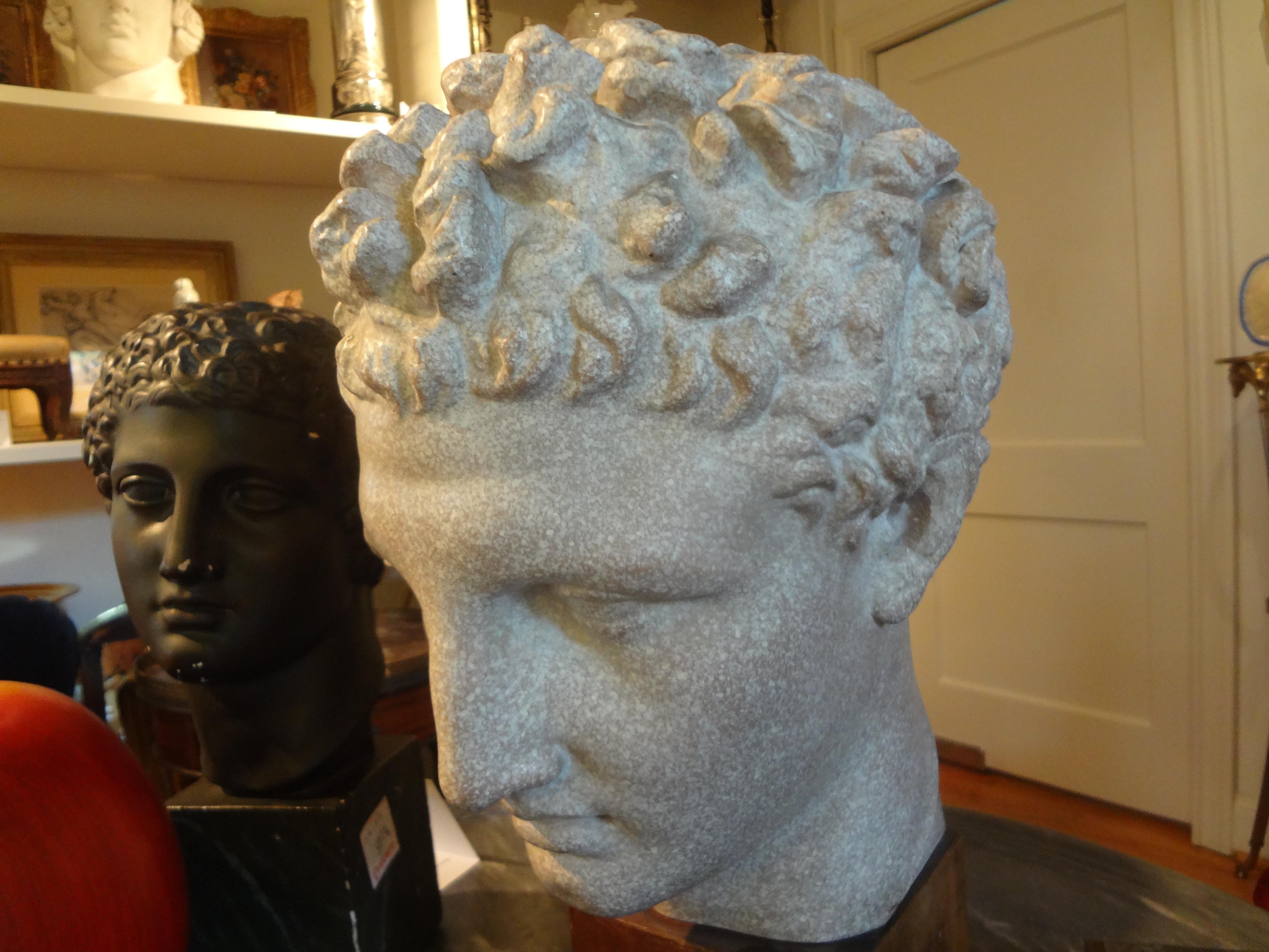 French Patinated Plaster Bust Sculpture of Hermes on Wood Base In Good Condition In Houston, TX
