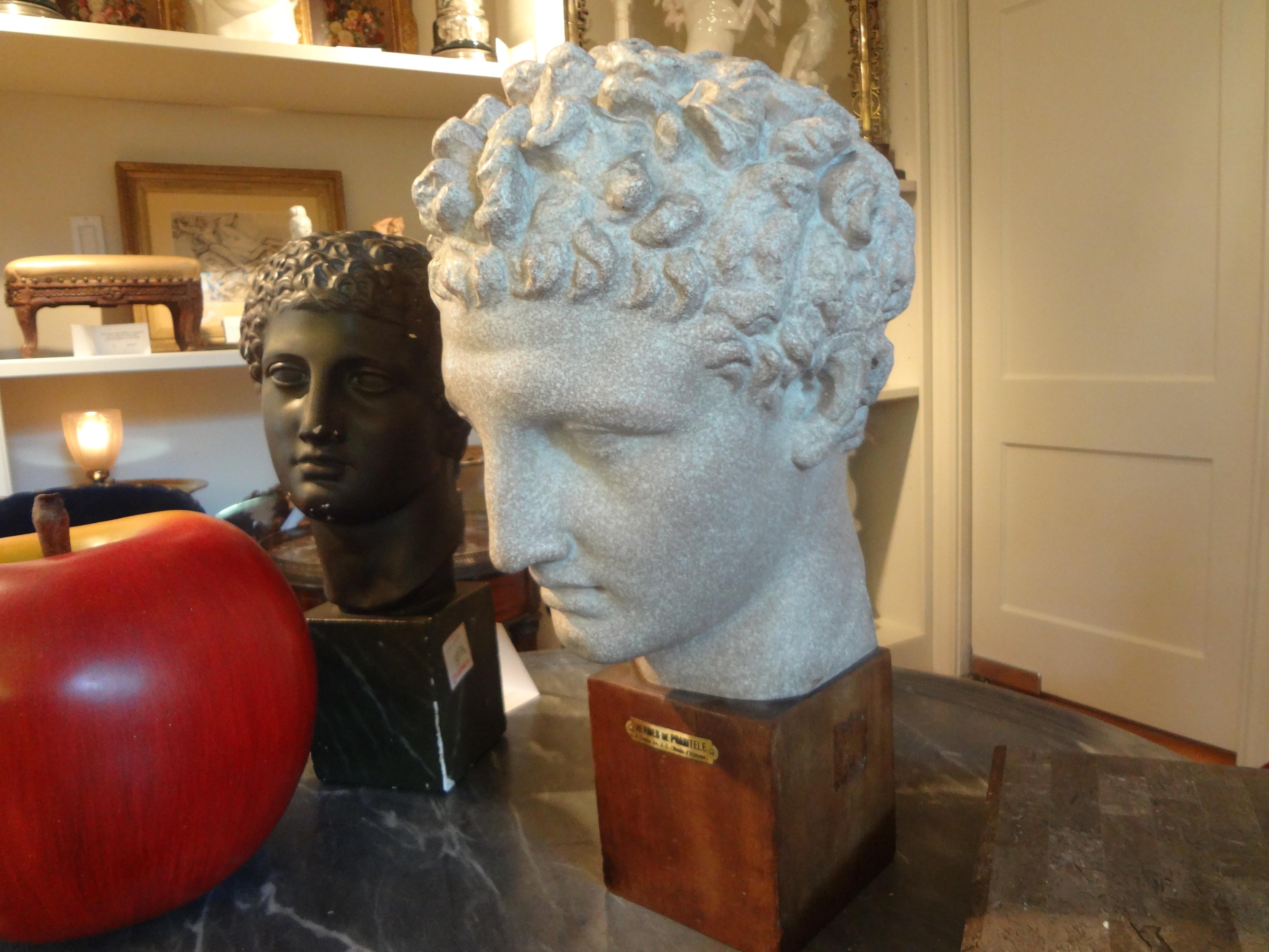 French Patinated Plaster Bust Sculpture of Hermes on Wood Base 1