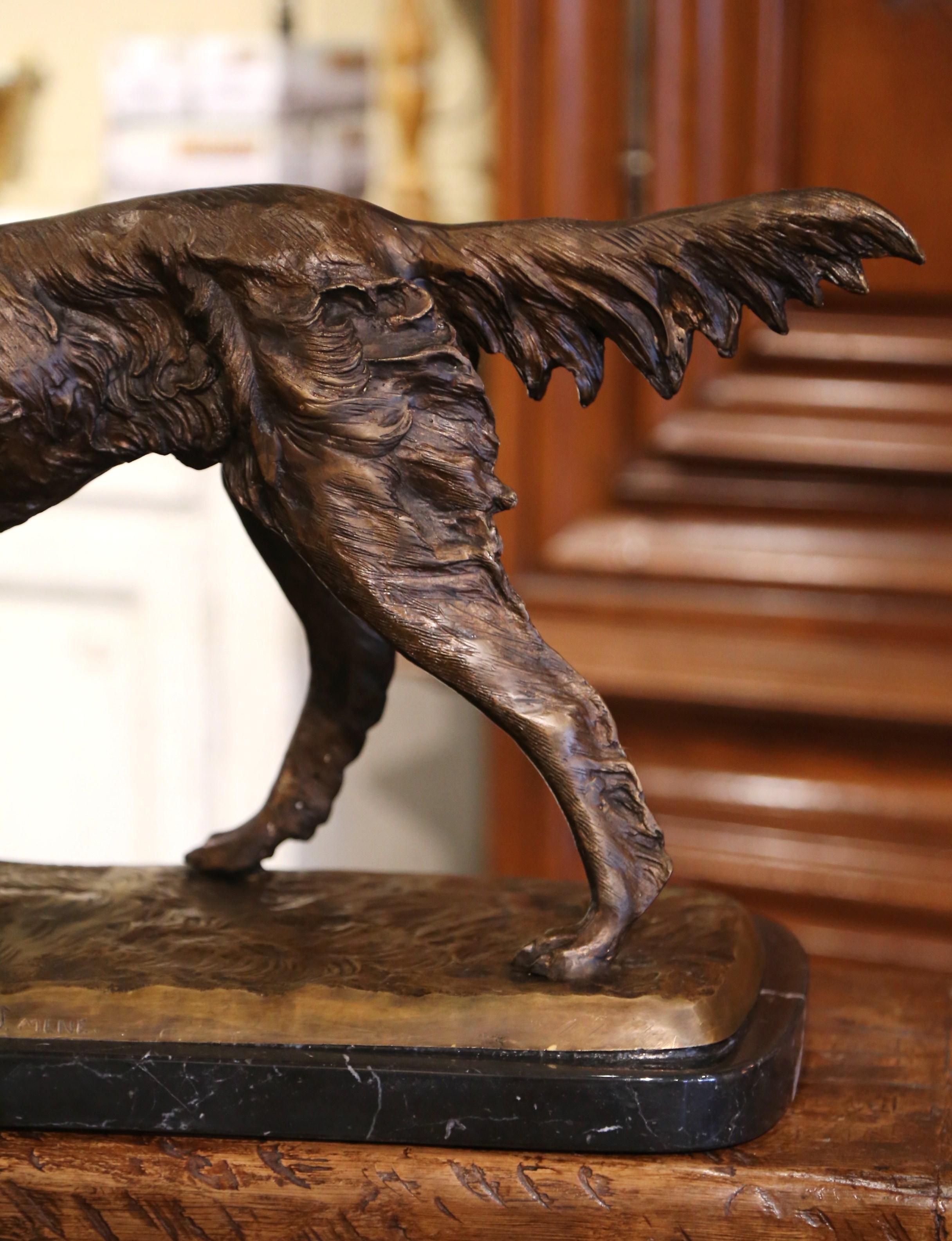 Hand-Crafted Vintage French Hunting Dog and Pheasant Sculpture on Marble Base Signed PJ Mene For Sale