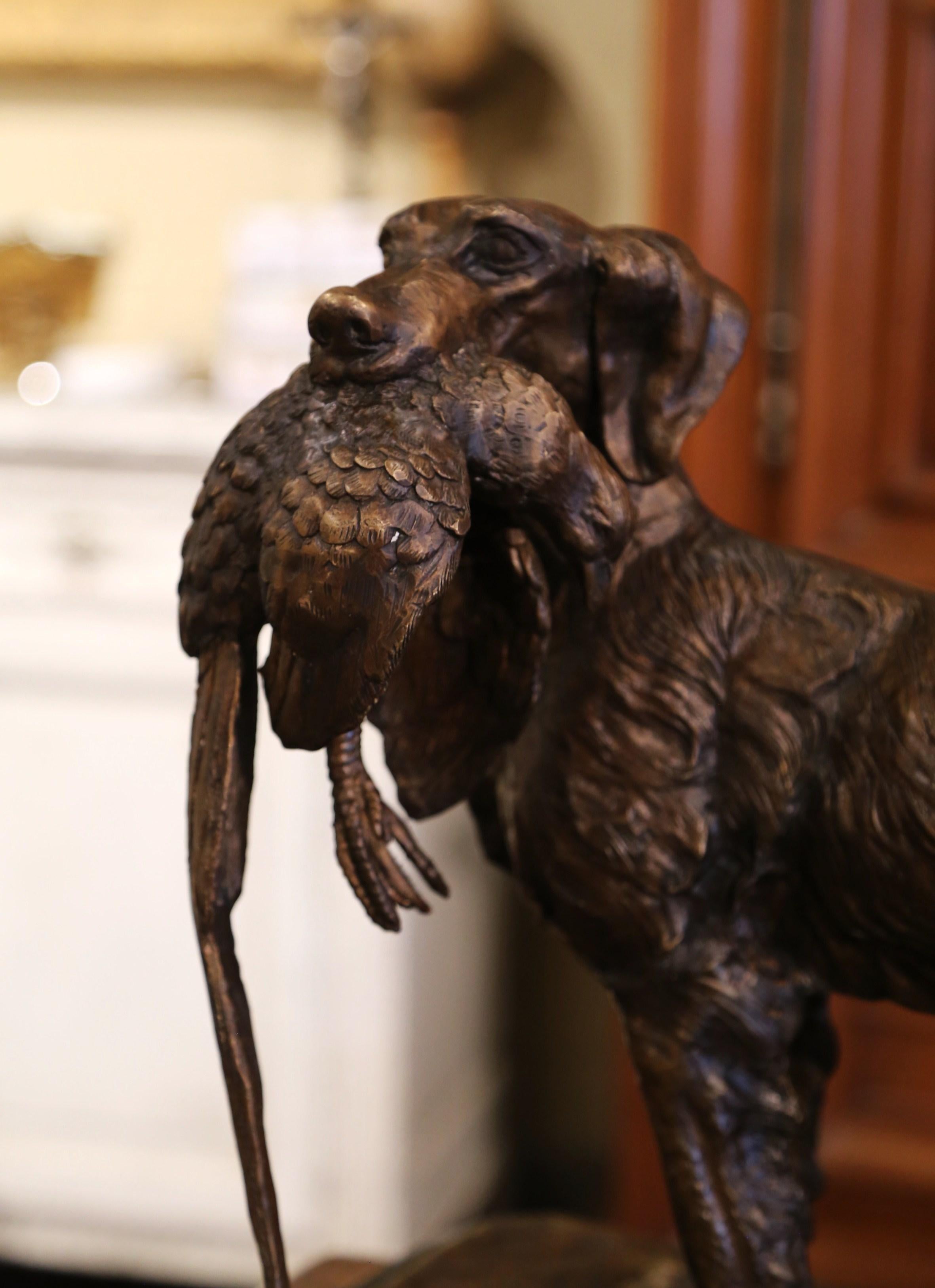 Contemporary Vintage French Hunting Dog and Pheasant Sculpture on Marble Base Signed PJ Mene For Sale