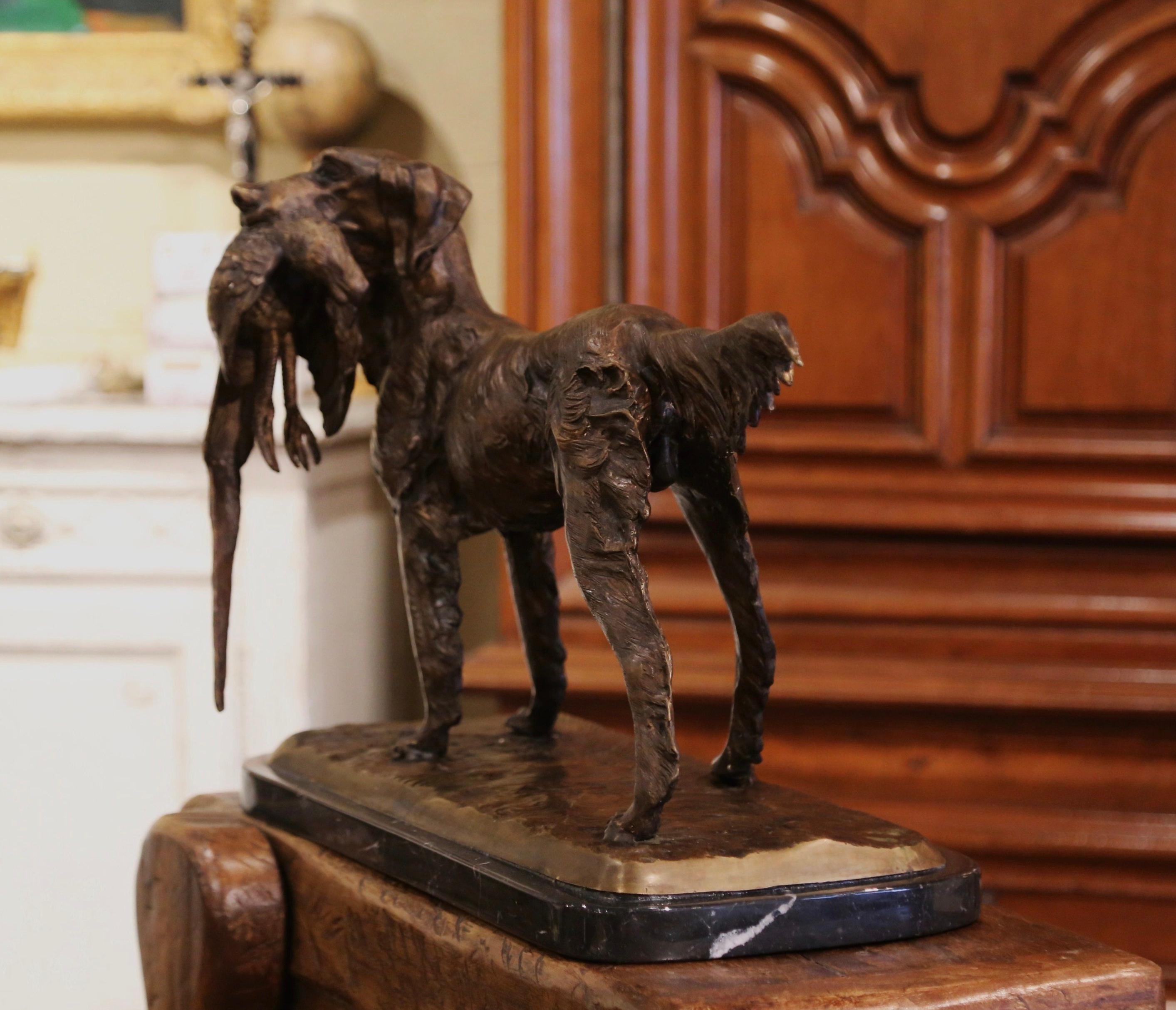 Spelter Vintage French Hunting Dog and Pheasant Sculpture on Marble Base Signed PJ Mene For Sale