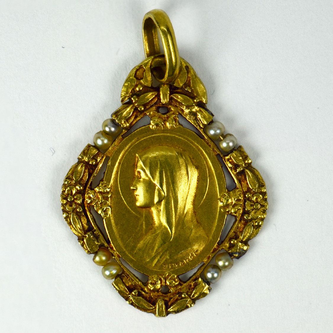 Art Nouveau French Paul Brandt 18K Yellow Gold Pearl Virgin Mary Charm Pendant