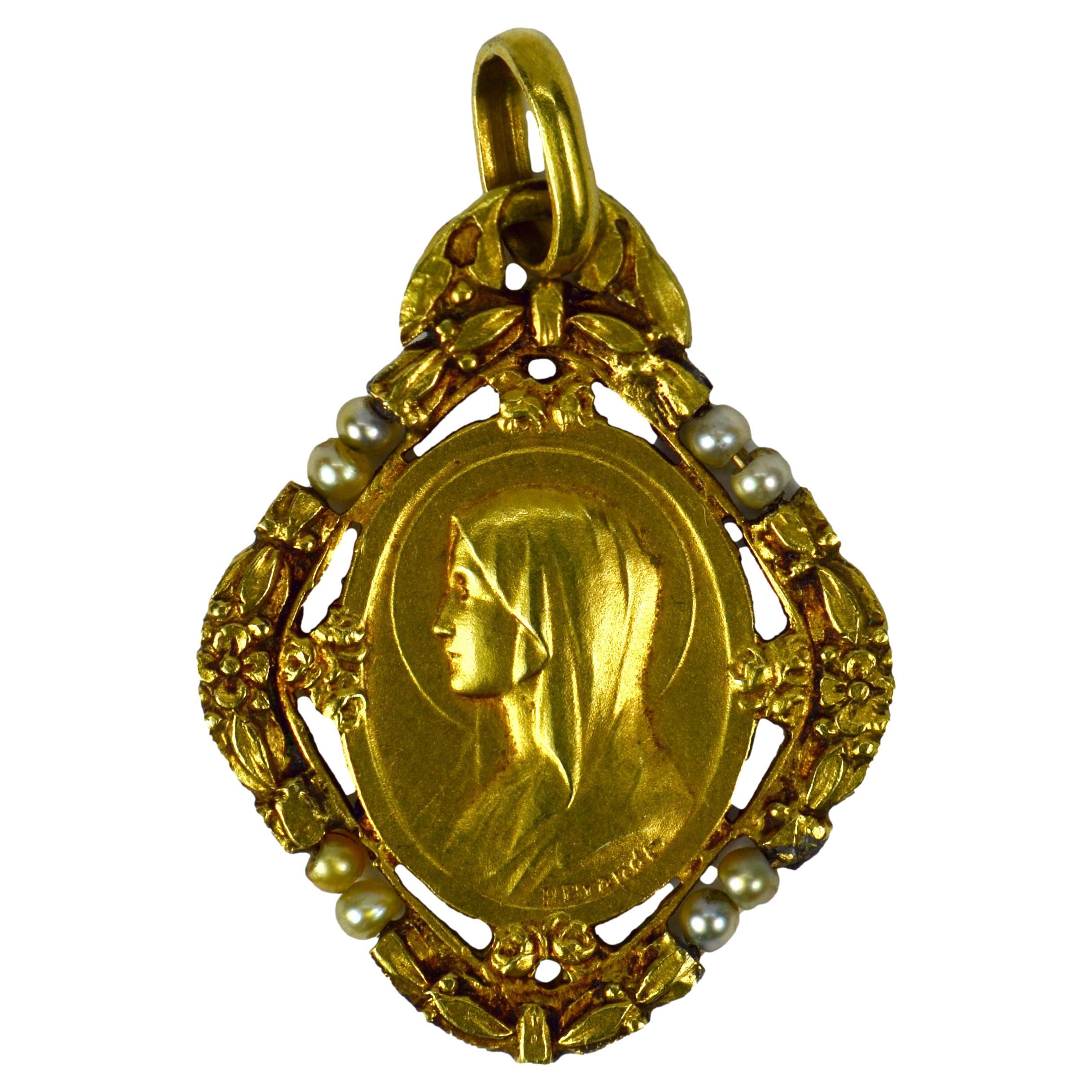 French Paul Brandt 18K Yellow Gold Pearl Virgin Mary Charm Pendant