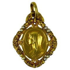 French Paul Brandt 18K Yellow Gold Pearl Virgin Mary Charm Pendant