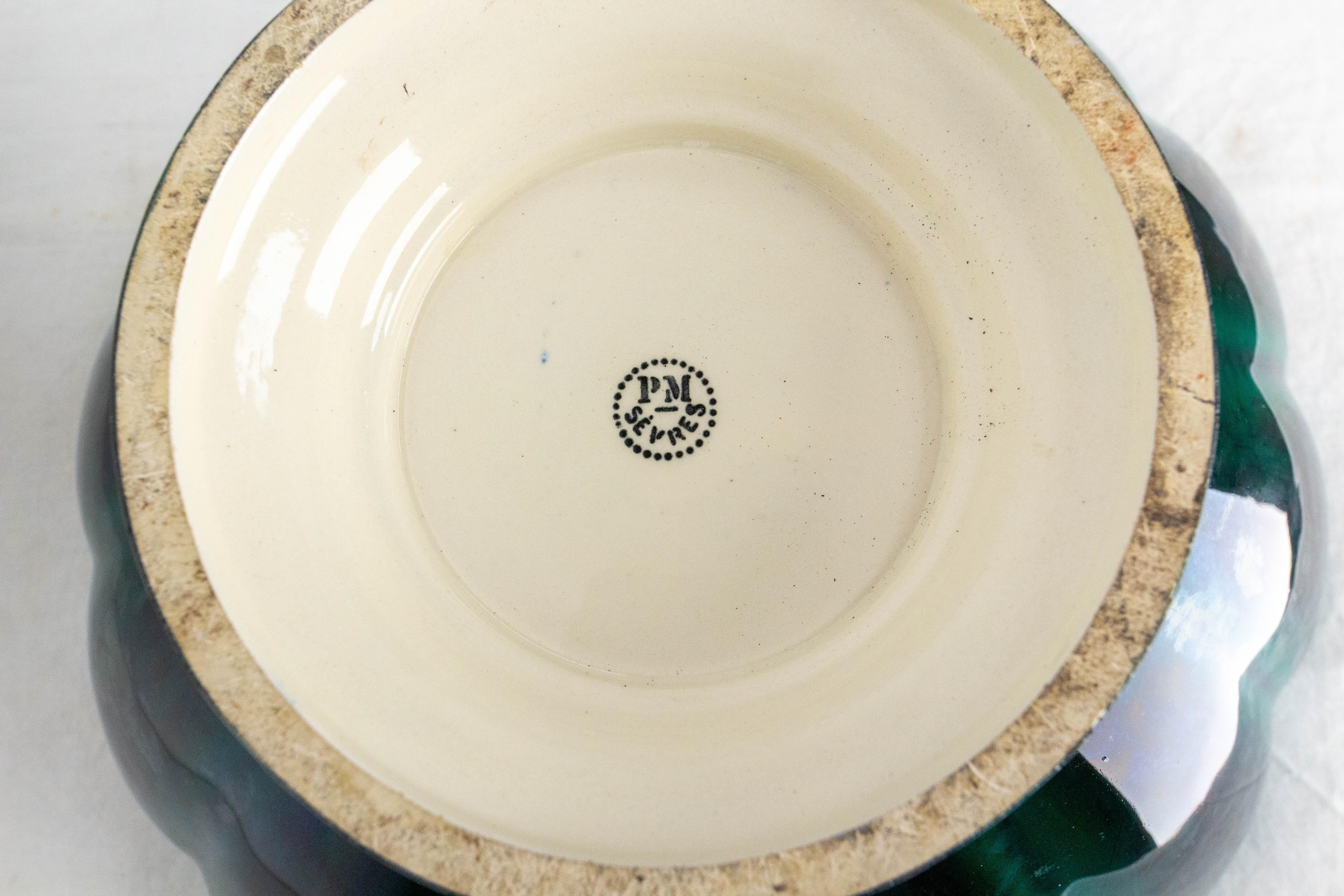 Paul Millet Sèvres Manufacture Glaze Deep Green Ceramic Fruit Bowles c 1920 en vente 2