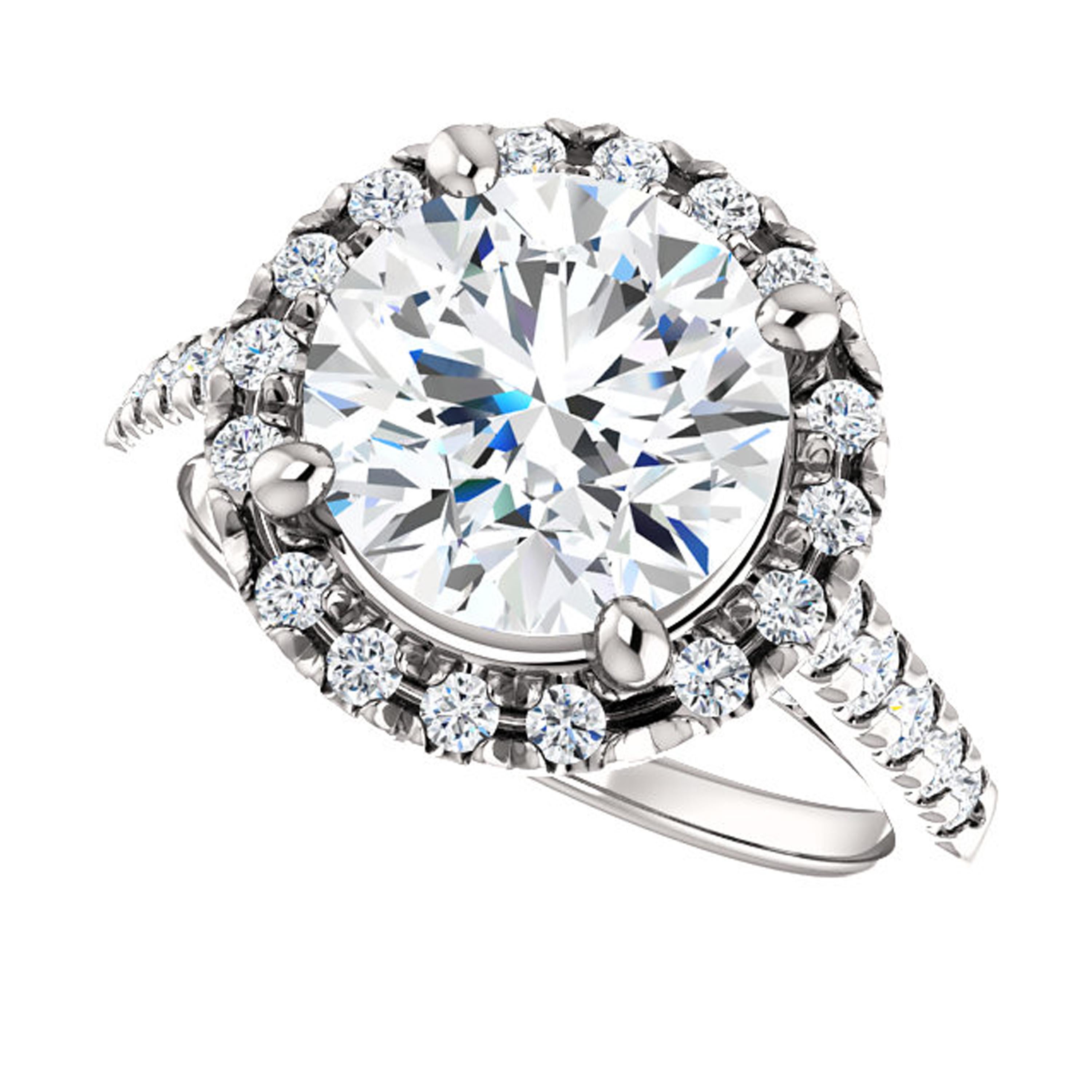 Contemporary French Pave Cathedral Halo Diamond Accented Round GIA Certified Engagement Ring For Sale