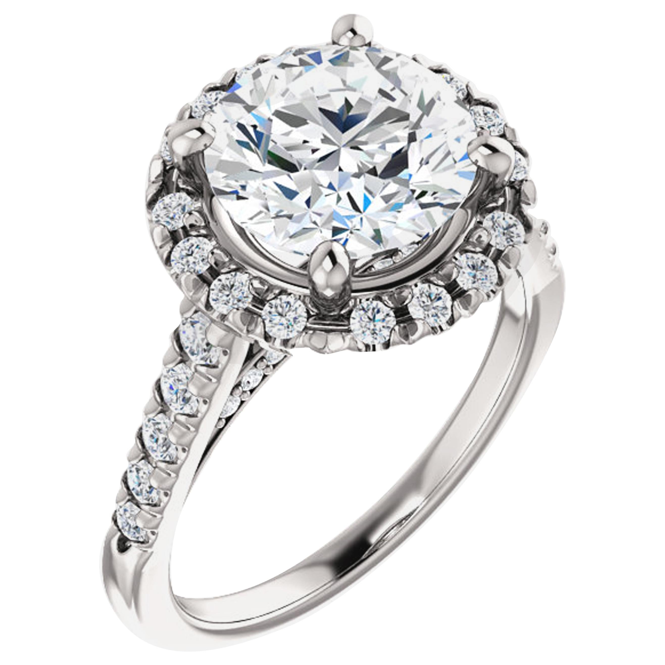 French Pave Cathedral Halo Diamond Accented Round GIA Certified Engagement Ring For Sale