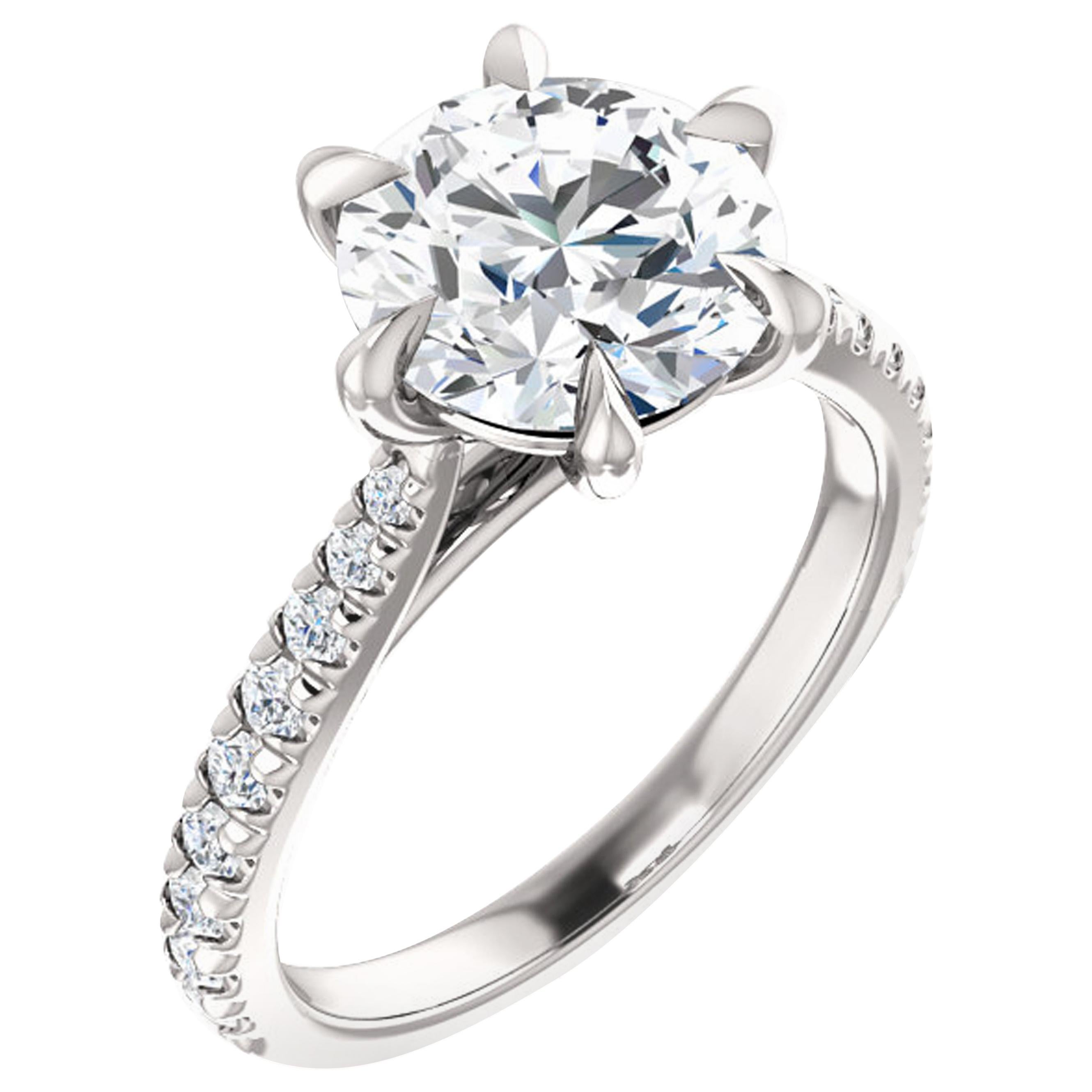 French Pave Claw Prong Diamond Accented Round GIA Certified Engagement Ring For Sale