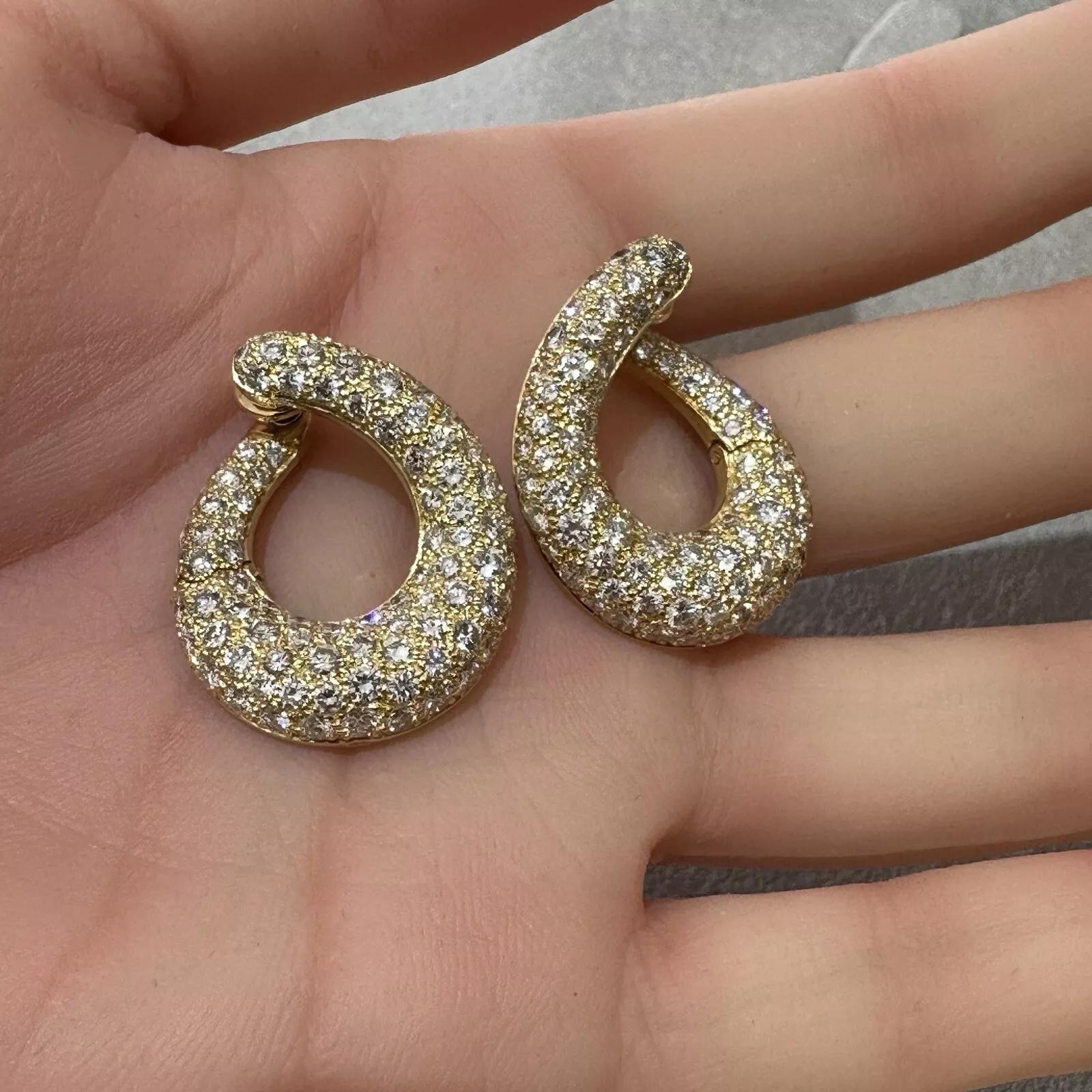 Round Cut French Pave Diamond Crescent Hoop Earrings in 18k Yellow Gold For Sale