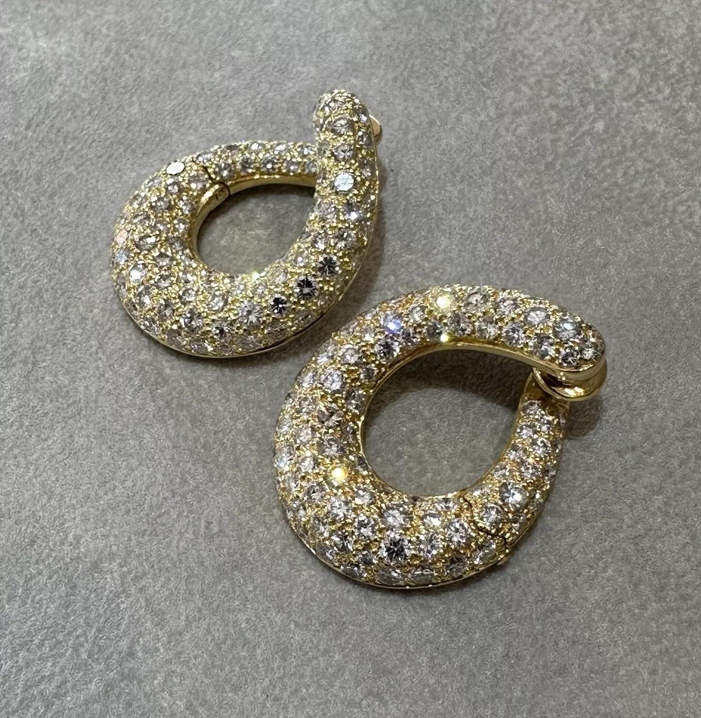 Women's French Pave Diamond Crescent Hoop Earrings in 18k Yellow Gold For Sale