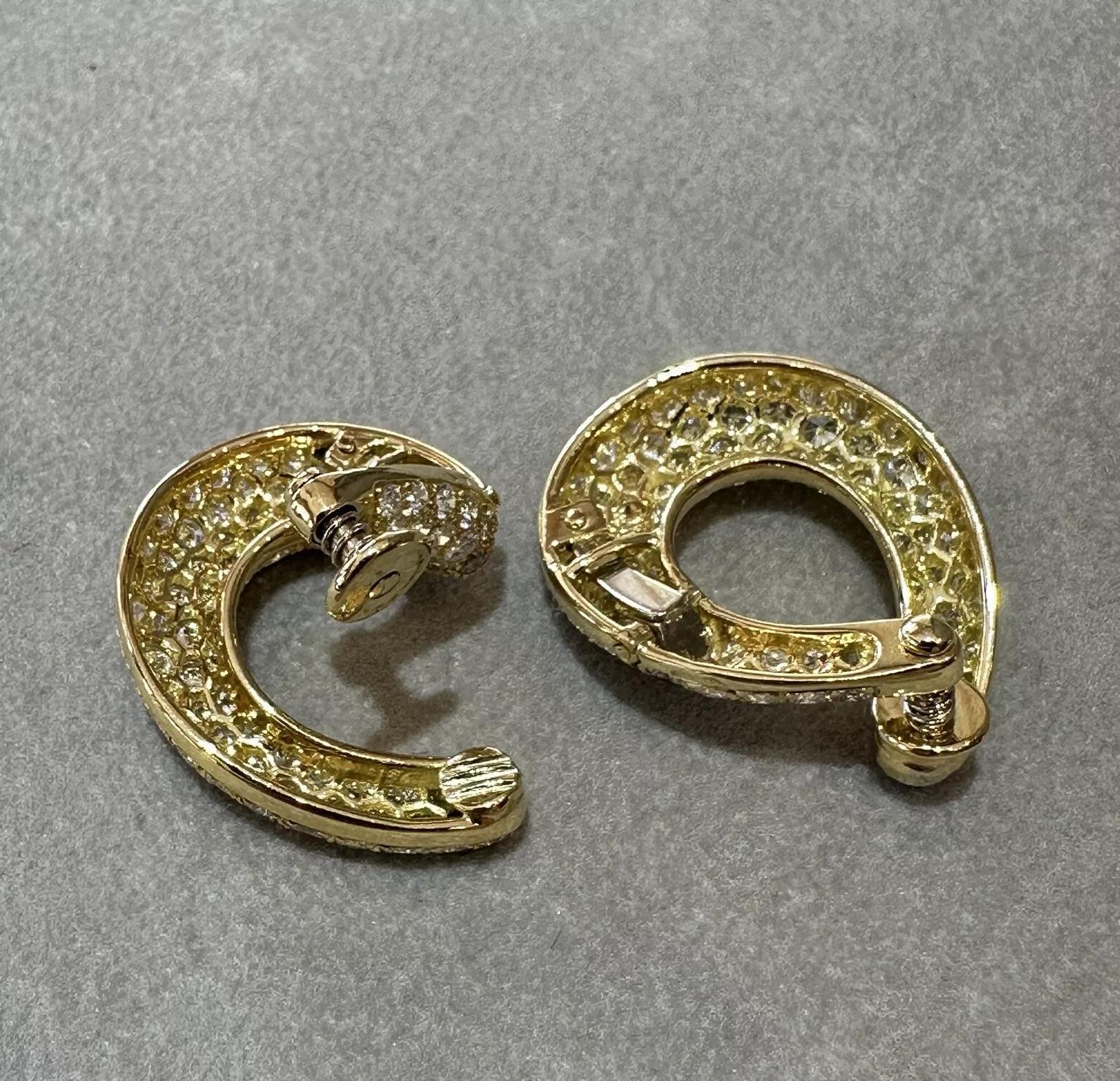 French Pave Diamond Crescent Hoop Earrings in 18k Yellow Gold For Sale 1
