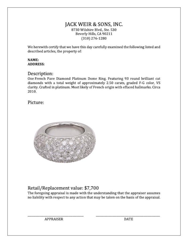 French Pave Diamond Platinum Dome Ring For Sale 1