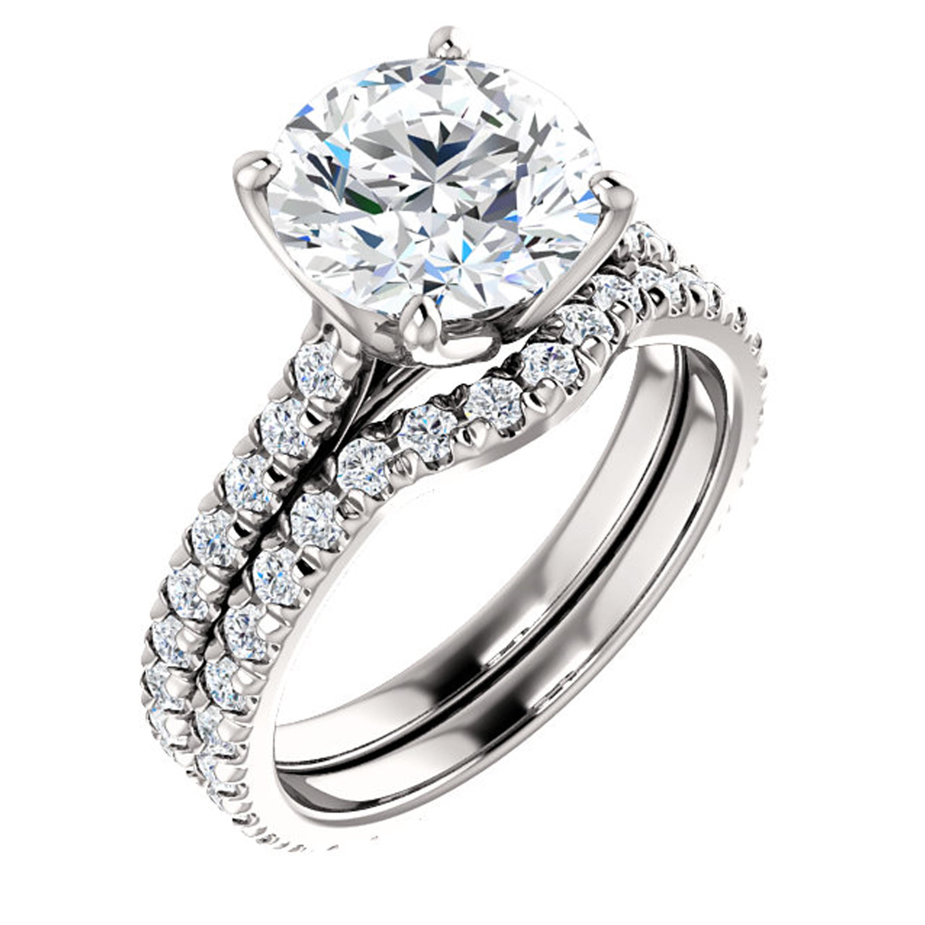 Showcasing an eternity style, this Valorenna engagement ring is adorned with french pave diamonds lining up the shank. Shimmering with beauty, the round GIA certified center stone is held gloriously in the center.

Matching band sold