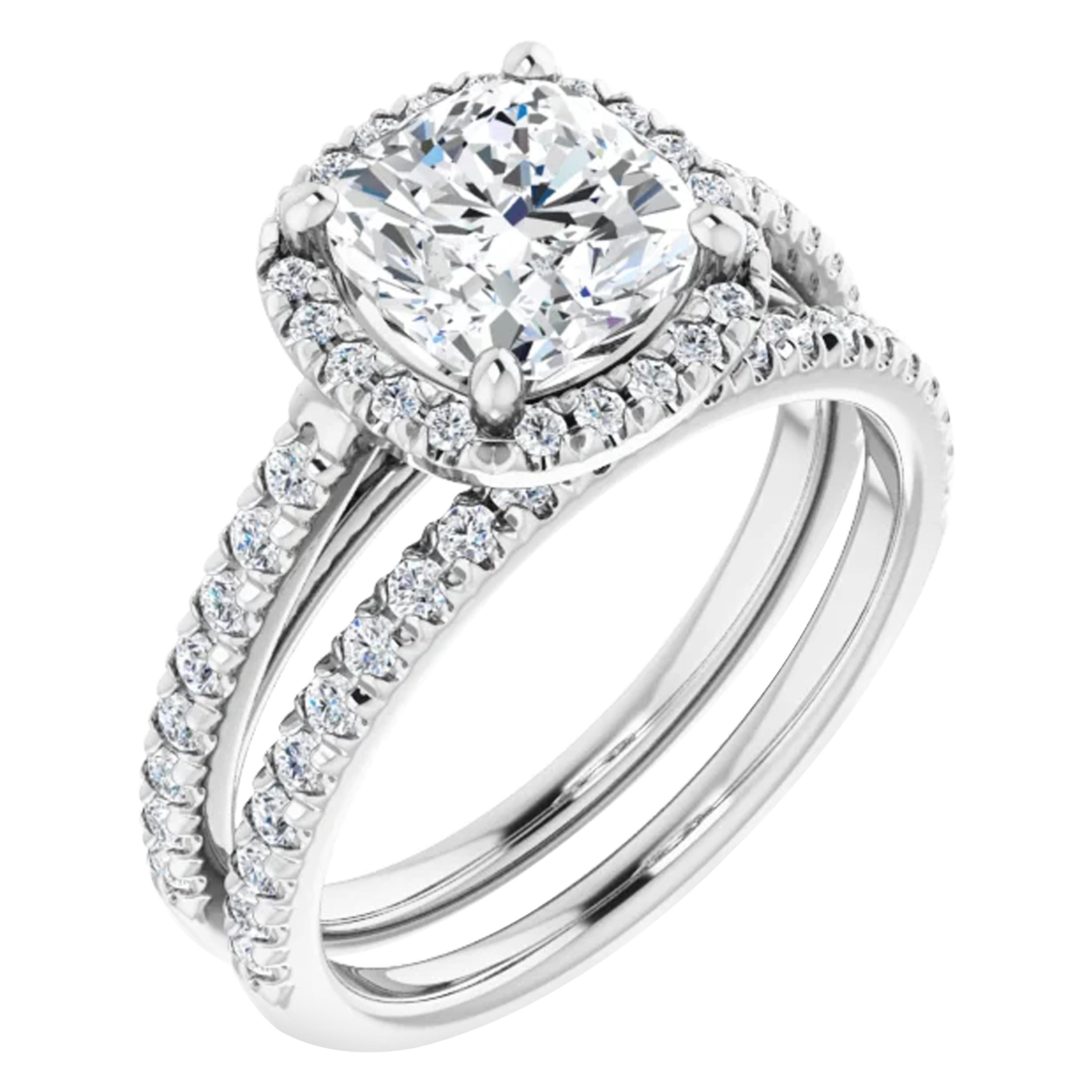 French Cut Halo Cushion Diamond Engagement Ring Set For Sale