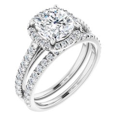 French Cut Halo Cushion Diamond Engagement Ring Set