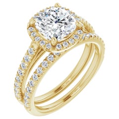 French Pave Halo Cushion Diamond Engagement Ring Set