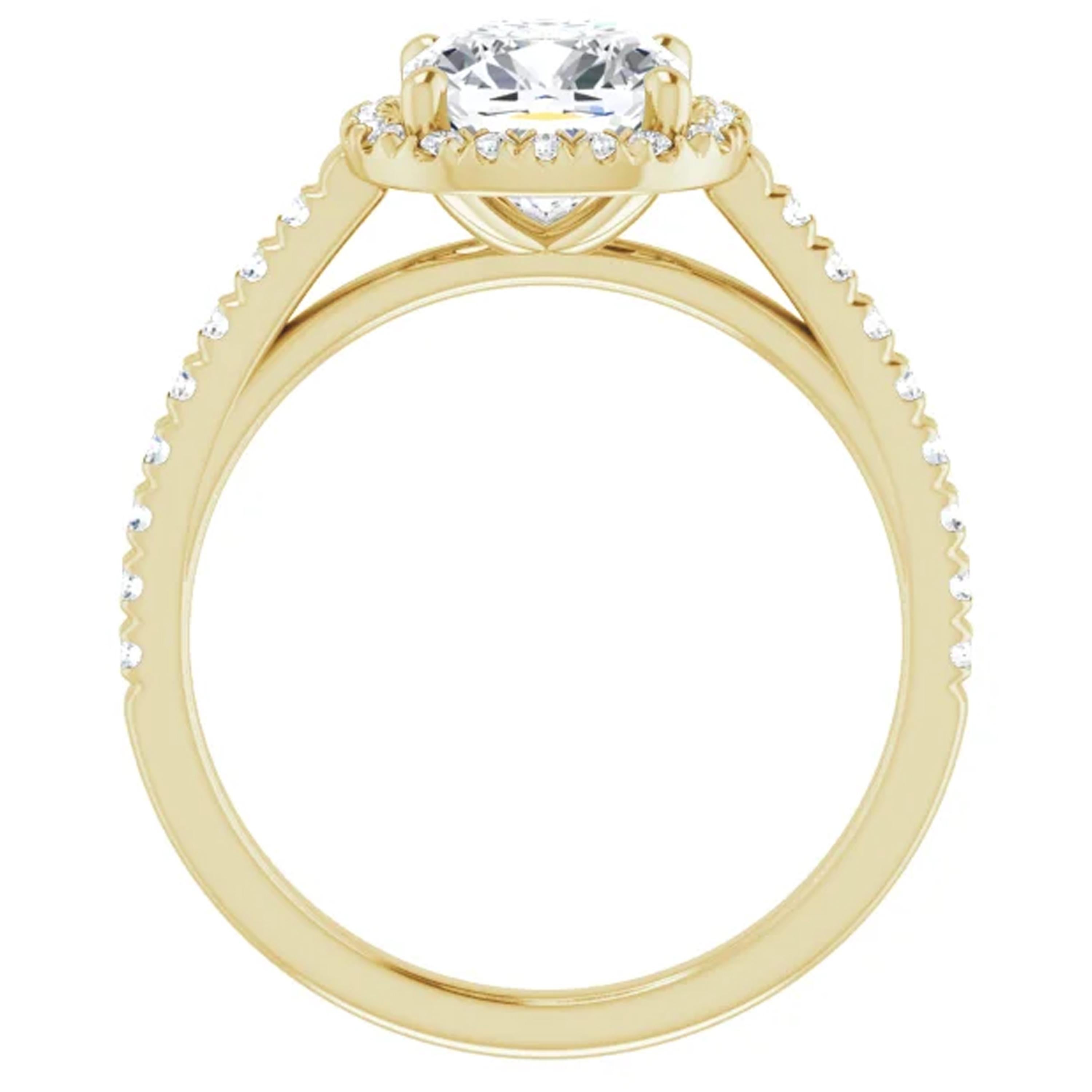 Contemporary French Pave Halo Cushion Diamond Engagement Ring Yellow Gold For Sale