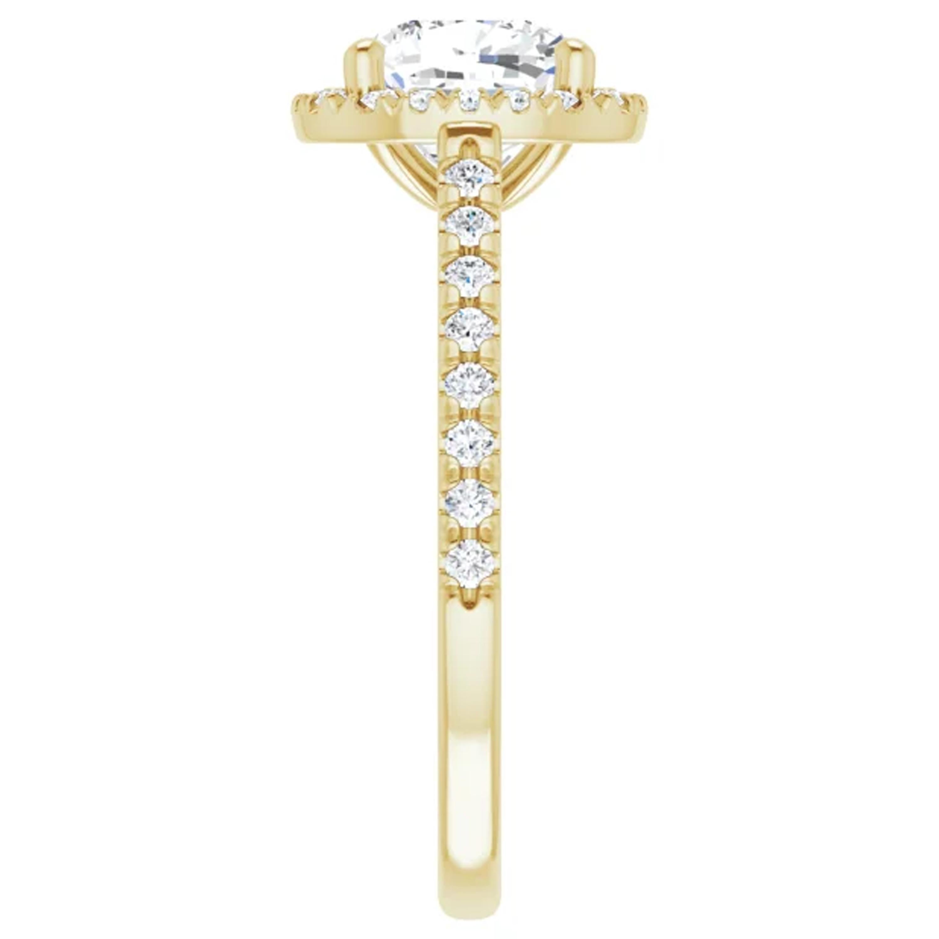 Cushion Cut French Pave Halo Cushion Diamond Engagement Ring Yellow Gold For Sale