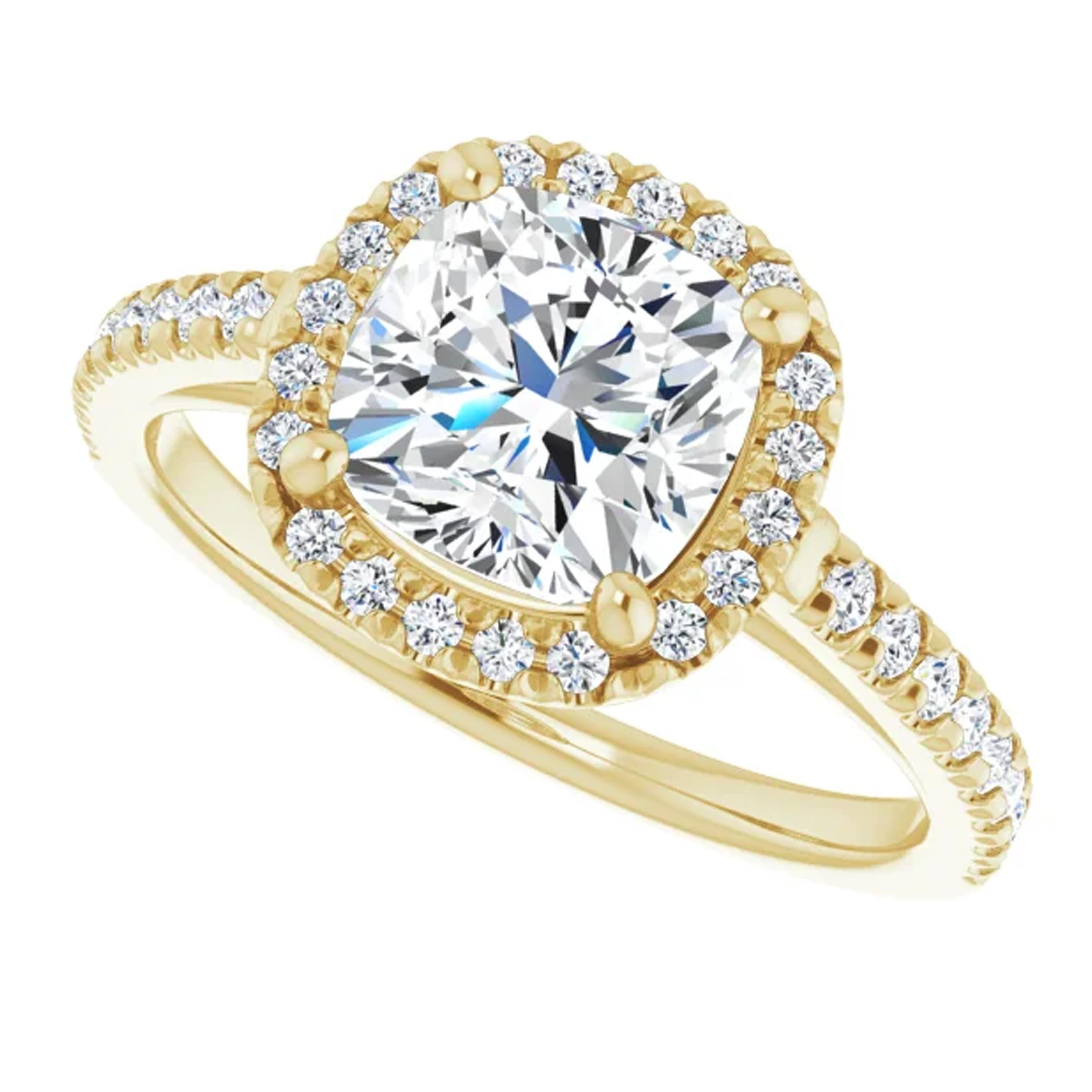 French Pave Halo Cushion Diamond Engagement Ring Yellow Gold In New Condition For Sale In Los Angeles, CA