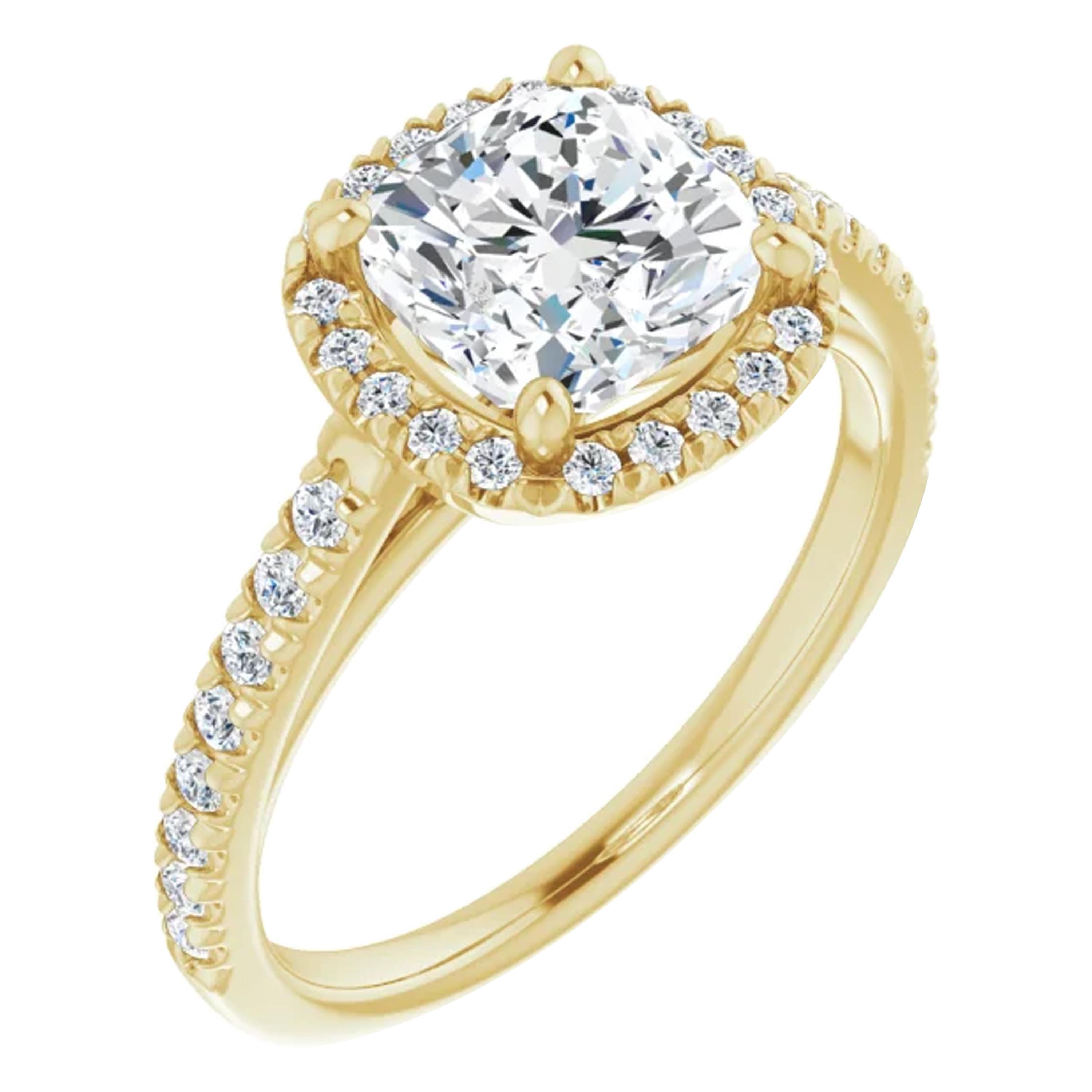 French Pave Halo Cushion Diamond Engagement Ring Yellow Gold For Sale
