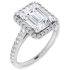 French Pave Halo GIA Emerald Diamond Ring 14 Karat White Gold