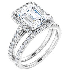 French Pave Halo GIA Emerald White Diamond Engagement Ring Set 1.05 Carat