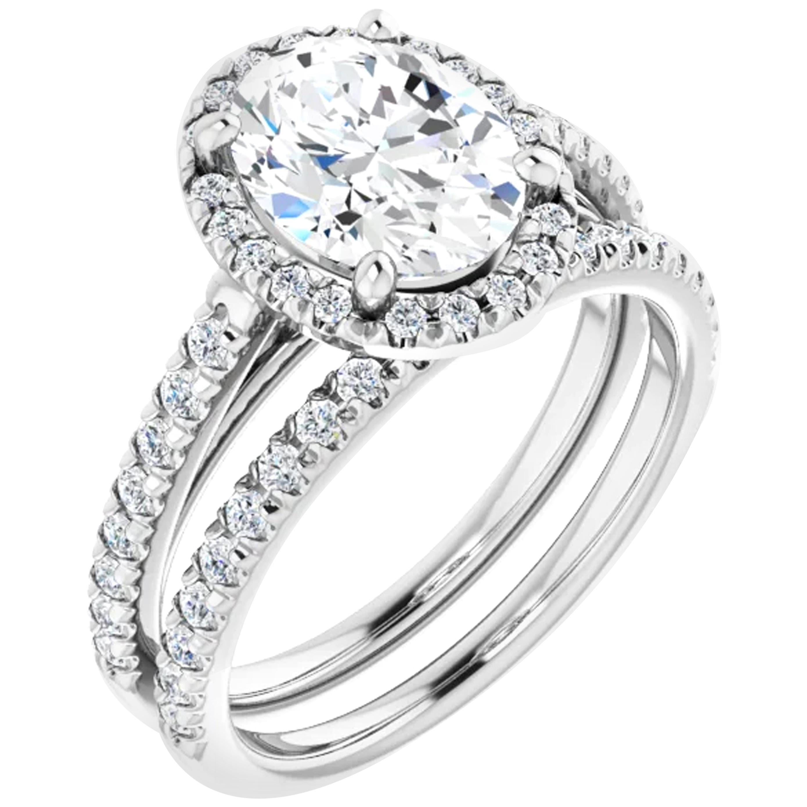 French Pave Halo GIA Oval Diamond Engagement Ring For Sale